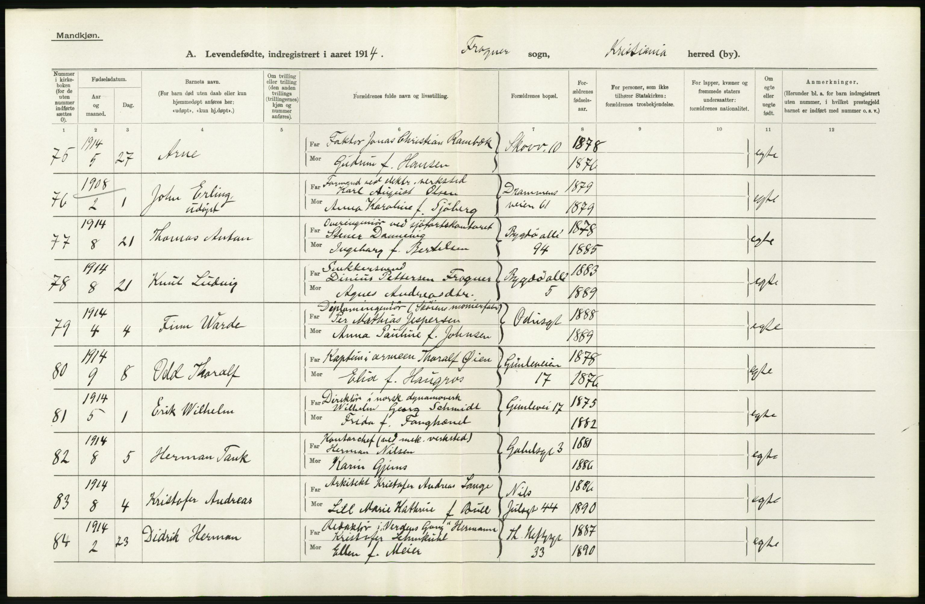 Statistisk sentralbyrå, Sosiodemografiske emner, Befolkning, AV/RA-S-2228/D/Df/Dfb/Dfbd/L0006: Kristiania: Levendefødte menn og kvinner., 1914, p. 160