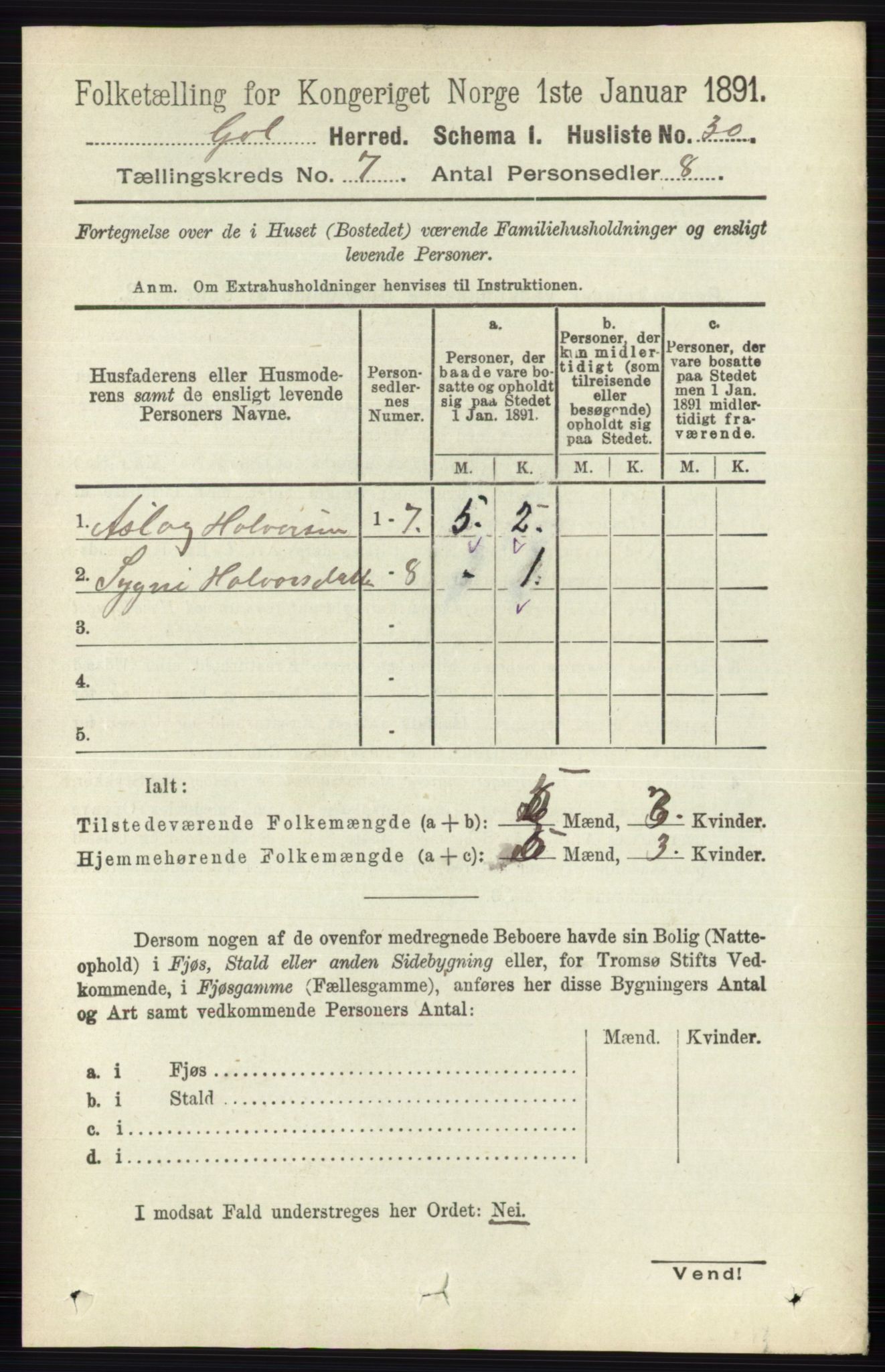 RA, 1891 census for 0617 Gol og Hemsedal, 1891, p. 2801