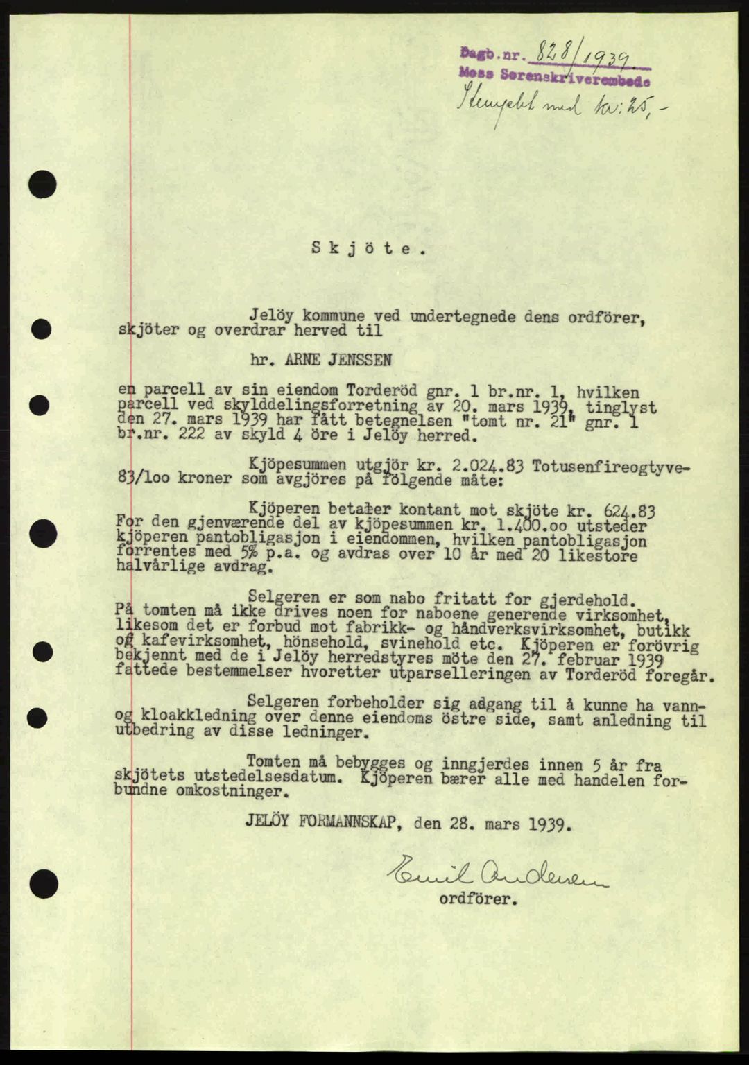 Moss sorenskriveri, SAO/A-10168: Mortgage book no. A5, 1938-1939, Diary no: : 828/1939