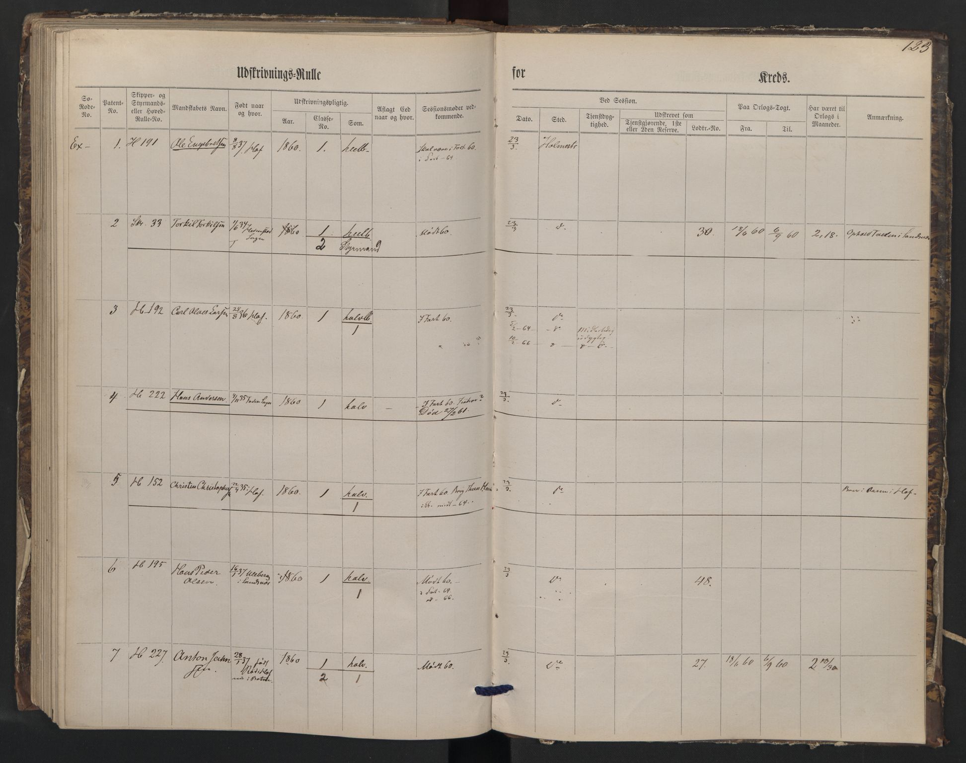 Holmestrand innrulleringskontor, AV/SAKO-A-1151/G/Gb/L0001: Utskrivningsrulle, 1860, p. 123