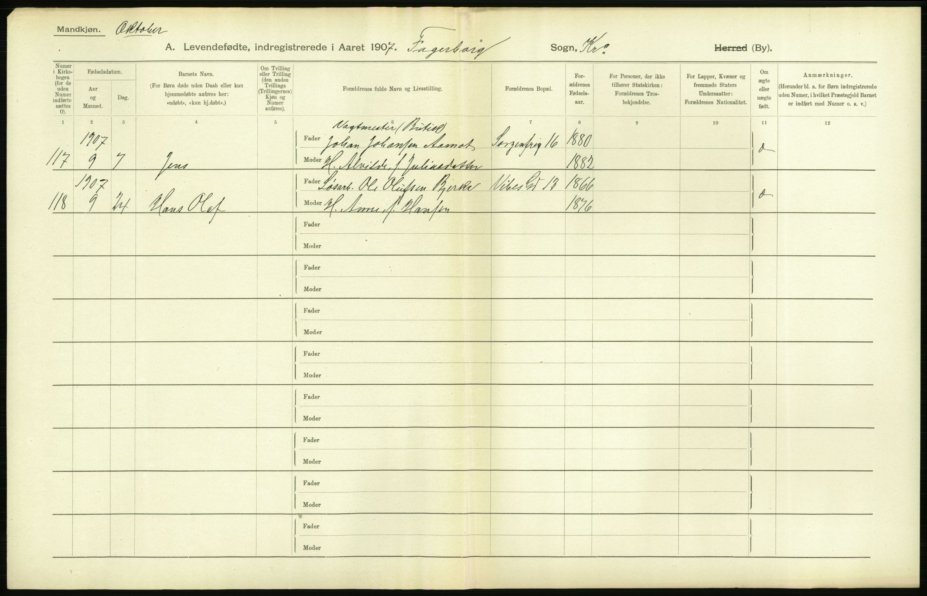 Statistisk sentralbyrå, Sosiodemografiske emner, Befolkning, AV/RA-S-2228/D/Df/Dfa/Dfae/L0006: Kristiania: Levendefødte menn og kvinner., 1907, p. 136