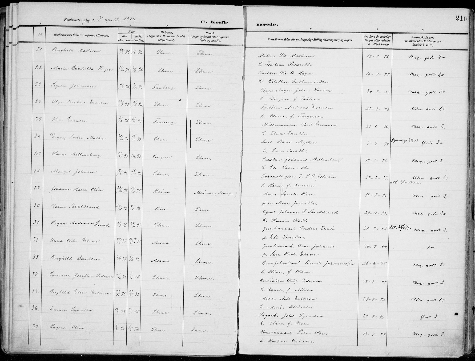 Lillehammer prestekontor, AV/SAH-PREST-088/H/Ha/Haa/L0001: Parish register (official) no. 1, 1901-1916, p. 210