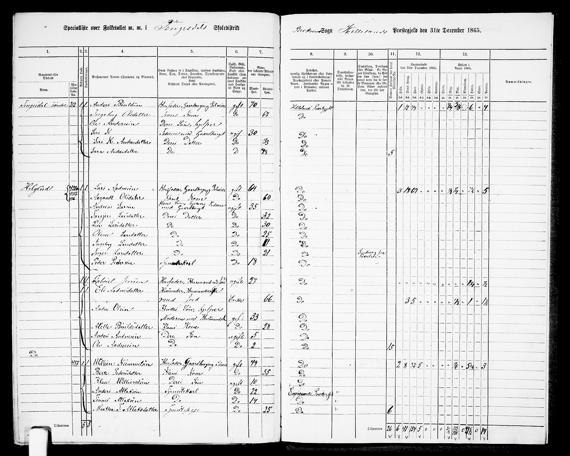 RA, 1865 census for Helleland, 1865, p. 144