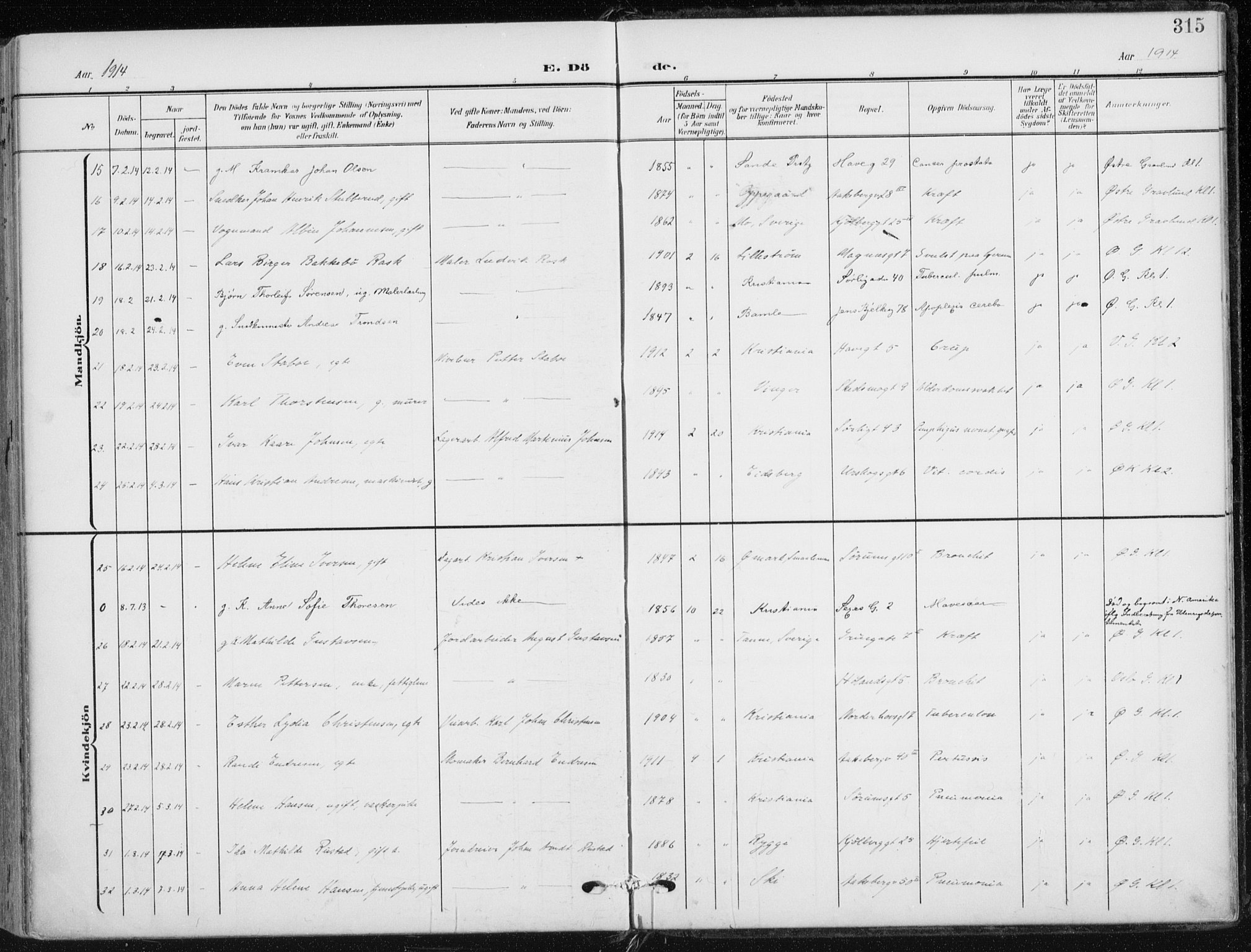 Kampen prestekontor Kirkebøker, AV/SAO-A-10853/F/Fa/L0011: Parish register (official) no. I 11, 1907-1917, p. 315