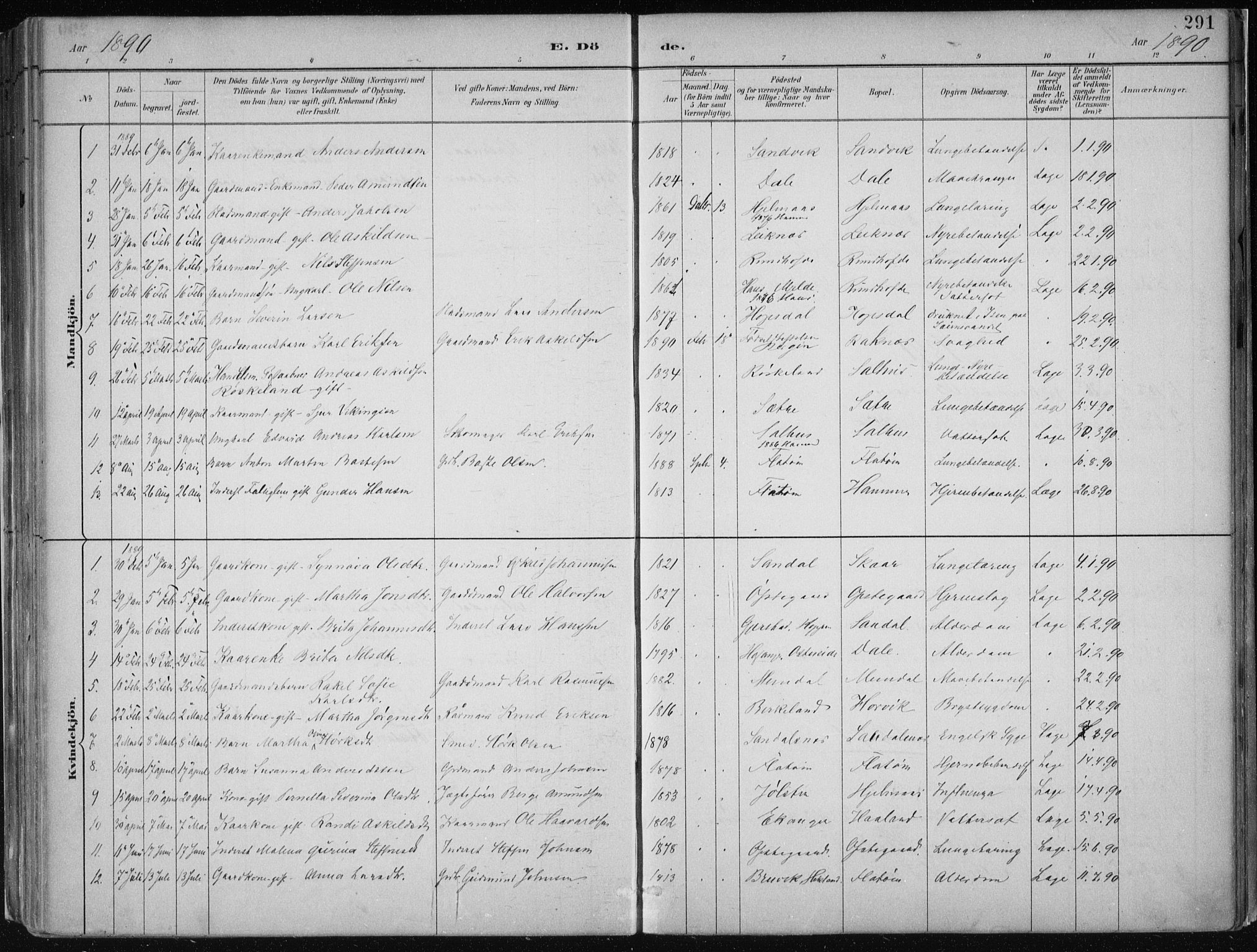 Hamre sokneprestembete, SAB/A-75501/H/Ha/Haa/Haab/L0001: Parish register (official) no. B  1, 1882-1905, p. 291