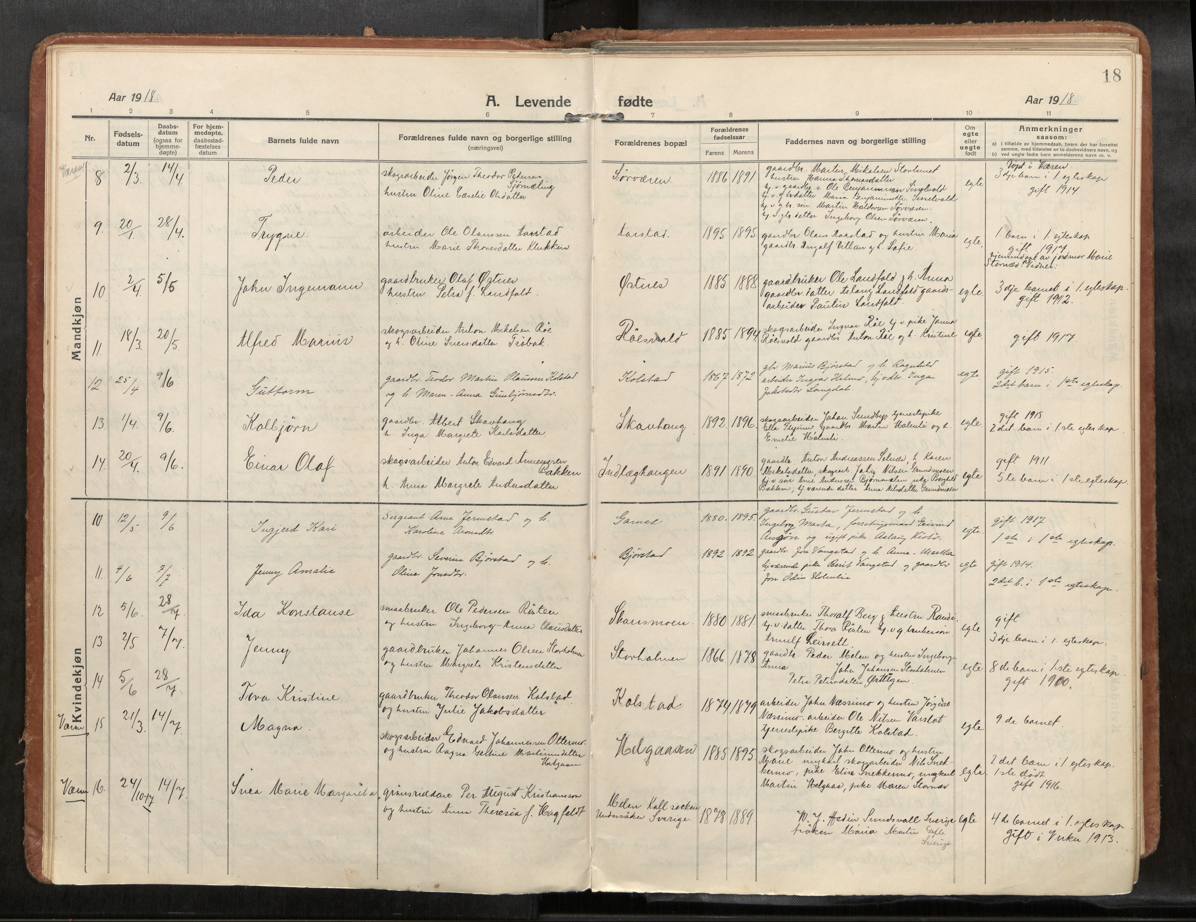 Verdal sokneprestkontor, SAT/A-1156/2/H/Haa/L0004: Parish register (official) no. 4, 1916-1928, p. 18