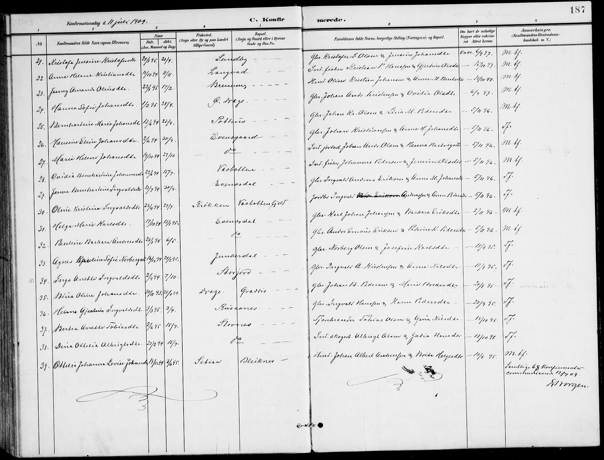 Ministerialprotokoller, klokkerbøker og fødselsregistre - Nordland, AV/SAT-A-1459/847/L0672: Parish register (official) no. 847A12, 1902-1919, p. 187