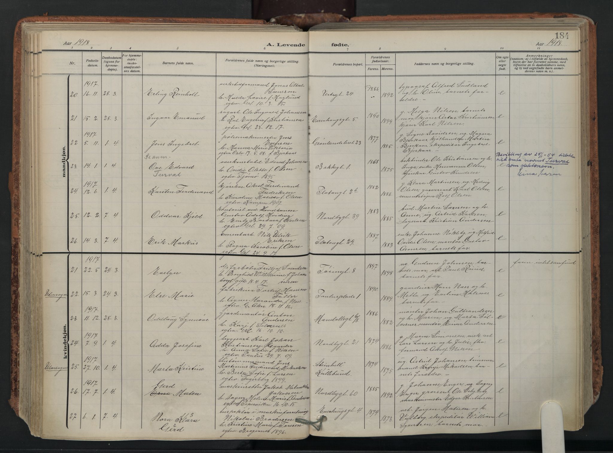 Grønland prestekontor Kirkebøker, SAO/A-10848/F/Fa/L0018: Parish register (official) no. 18, 1911-1945, p. 184