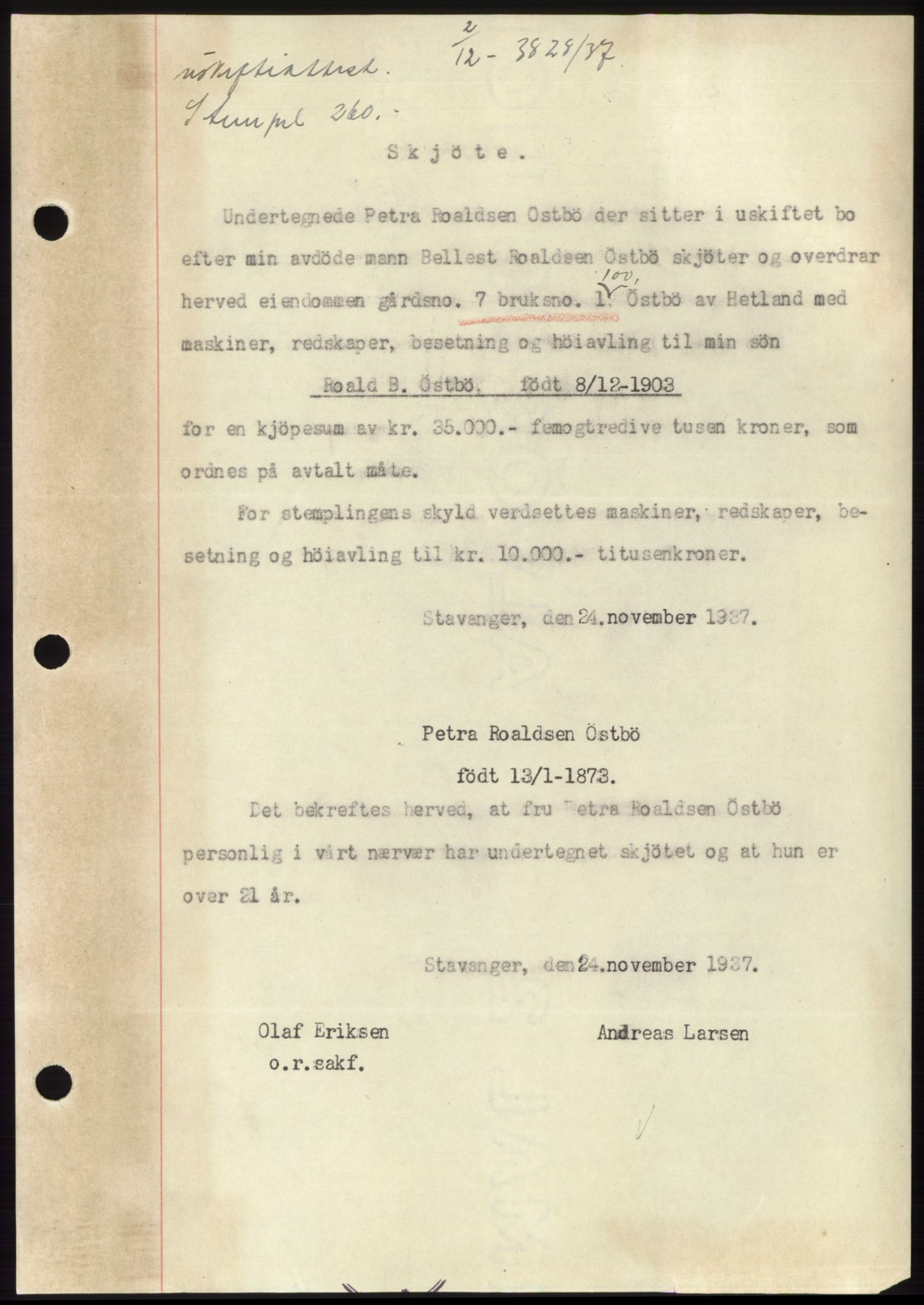 Jæren sorenskriveri, SAST/A-100310/03/G/Gba/L0069: Mortgage book, 1937-1937, Diary no: : 3828/1937