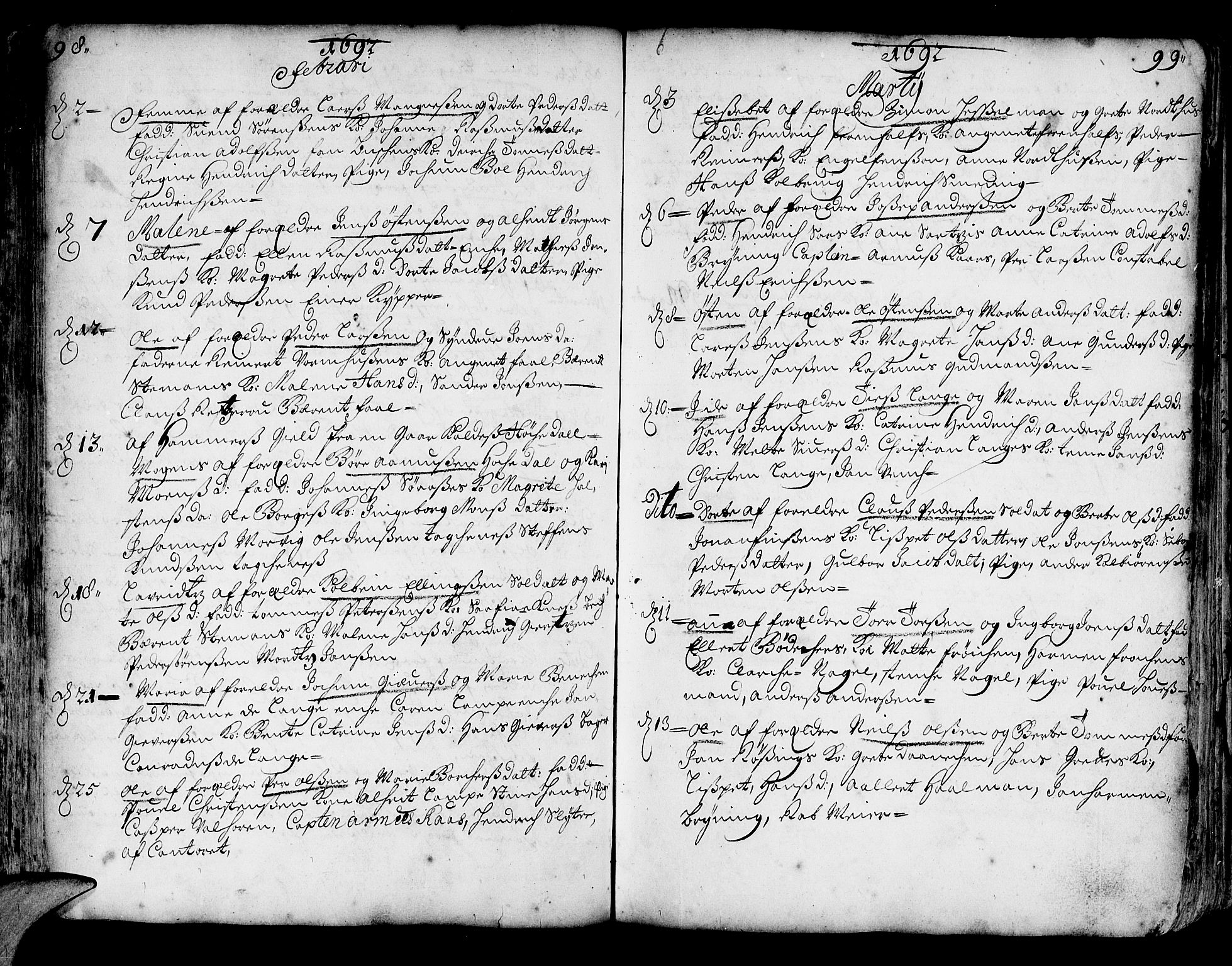 Korskirken sokneprestembete, AV/SAB-A-76101/H/Haa/L0002: Parish register (official) no. A 2, 1688-1697, p. 98-99