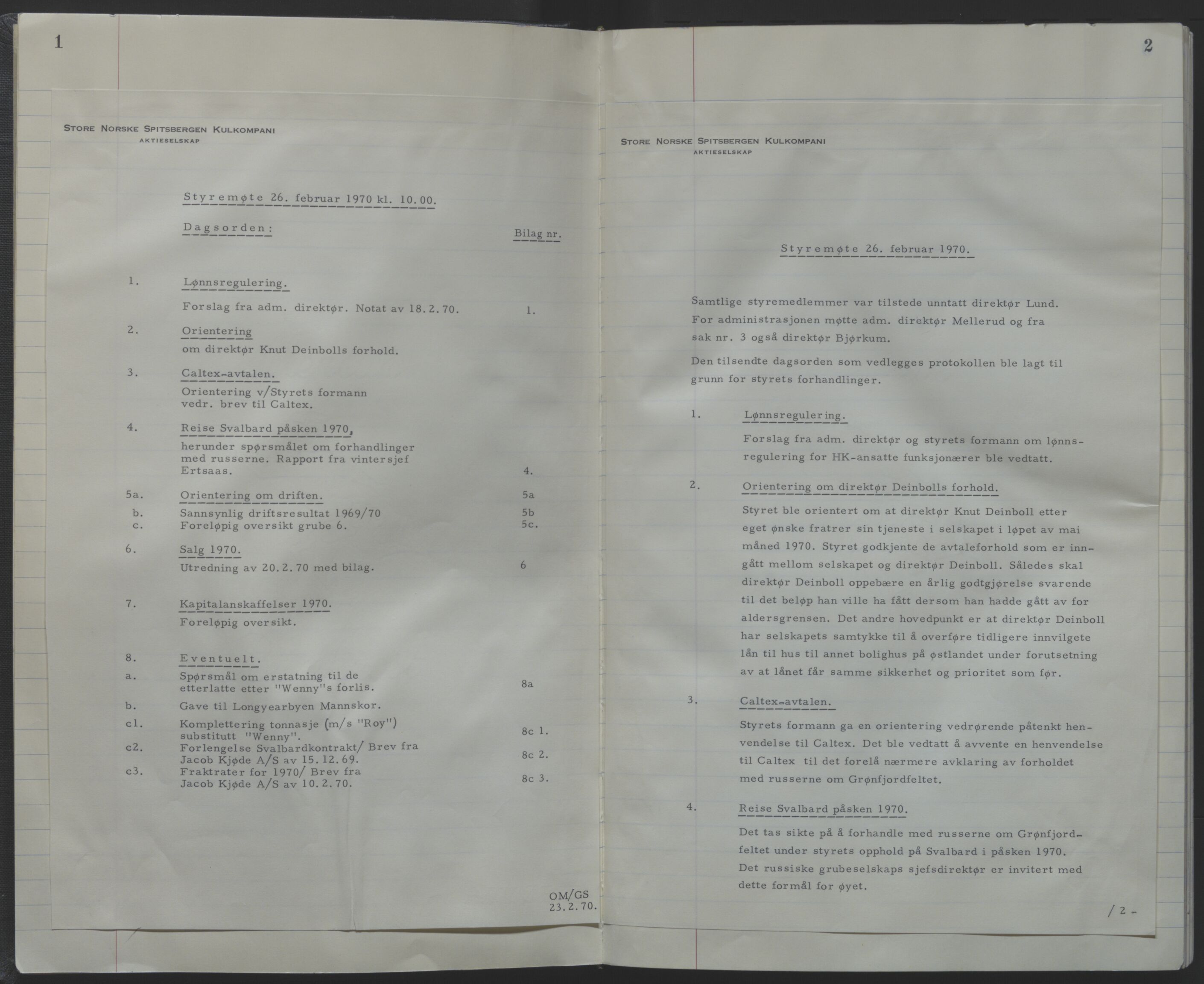 Store Norske Spitsbergen Kulkompani A/S, AV/SATØ-P-0073/09/A/Ab/Aba/L0001: Styreprotokoll 6, 1970-1979, p. 1-2