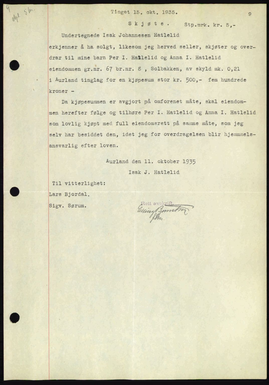 Indre Sogn tingrett, AV/SAB-A-3301/1/G/Gb/Gba/L0030: Mortgage book no. 30, 1935-1937, Deed date: 15.10.1935