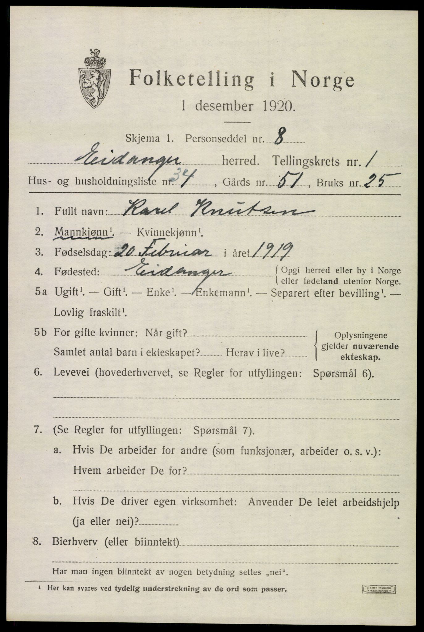 SAKO, 1920 census for Eidanger, 1920, p. 2012