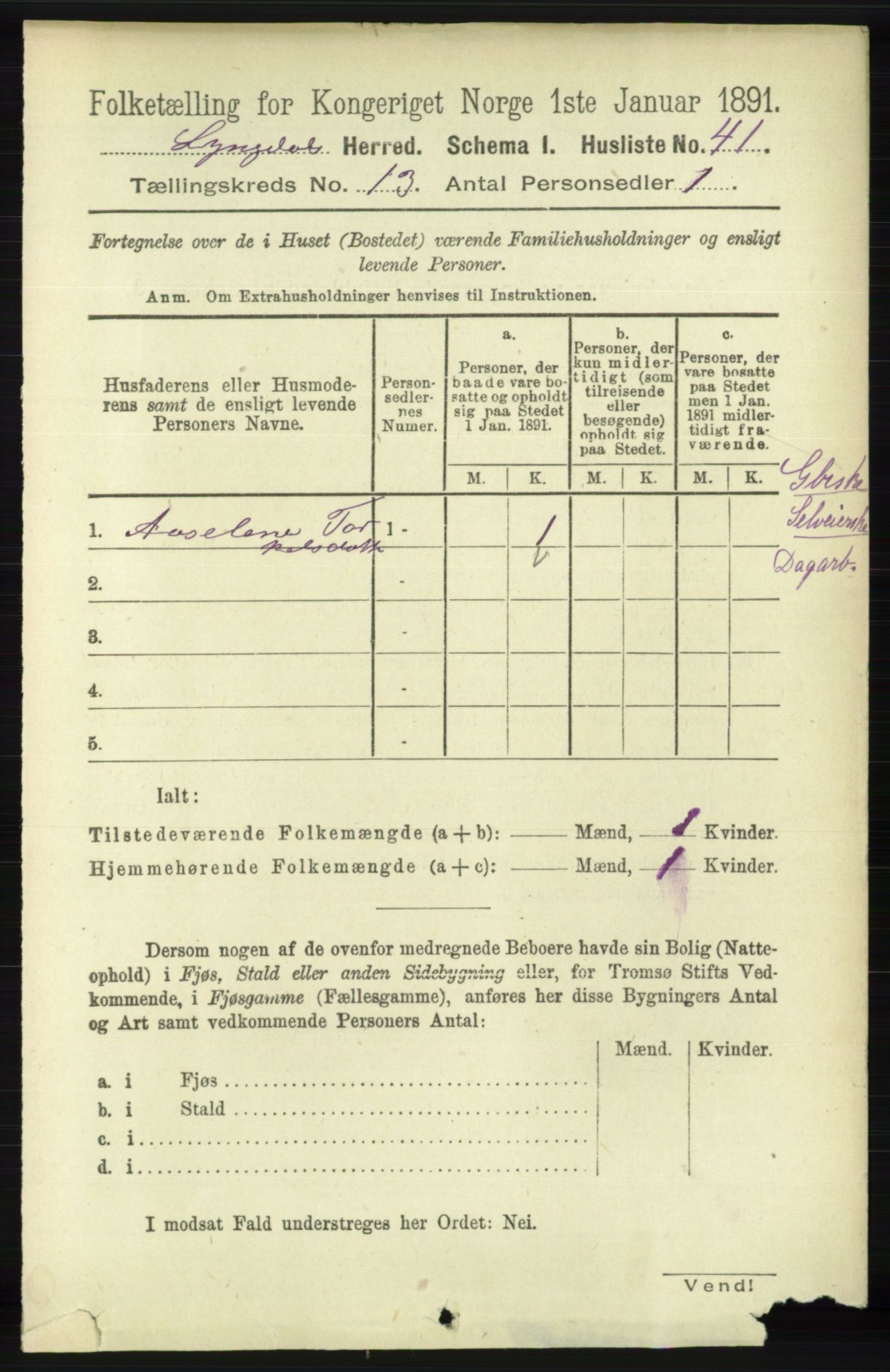 RA, 1891 census for 1032 Lyngdal, 1891, p. 5599