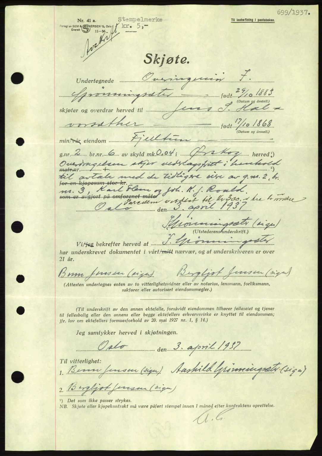 Nordre Sunnmøre sorenskriveri, AV/SAT-A-0006/1/2/2C/2Ca: Mortgage book no. A2, 1936-1937, Diary no: : 699/1937