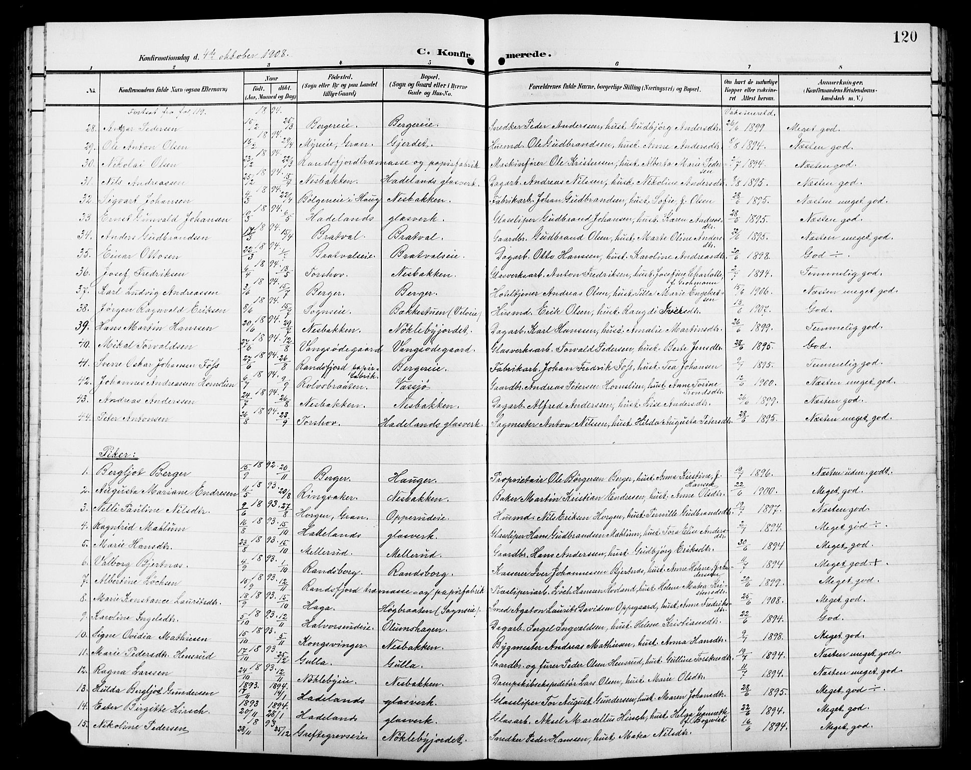 Jevnaker prestekontor, SAH/PREST-116/H/Ha/Hab/L0004: Parish register (copy) no. 4, 1907-1918, p. 120