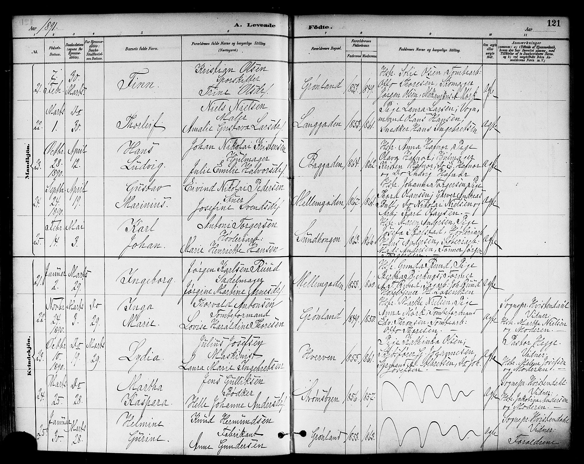 Strømsø kirkebøker, AV/SAKO-A-246/F/Fa/L0023: Parish register (official) no. I 23, 1885-1894, p. 121