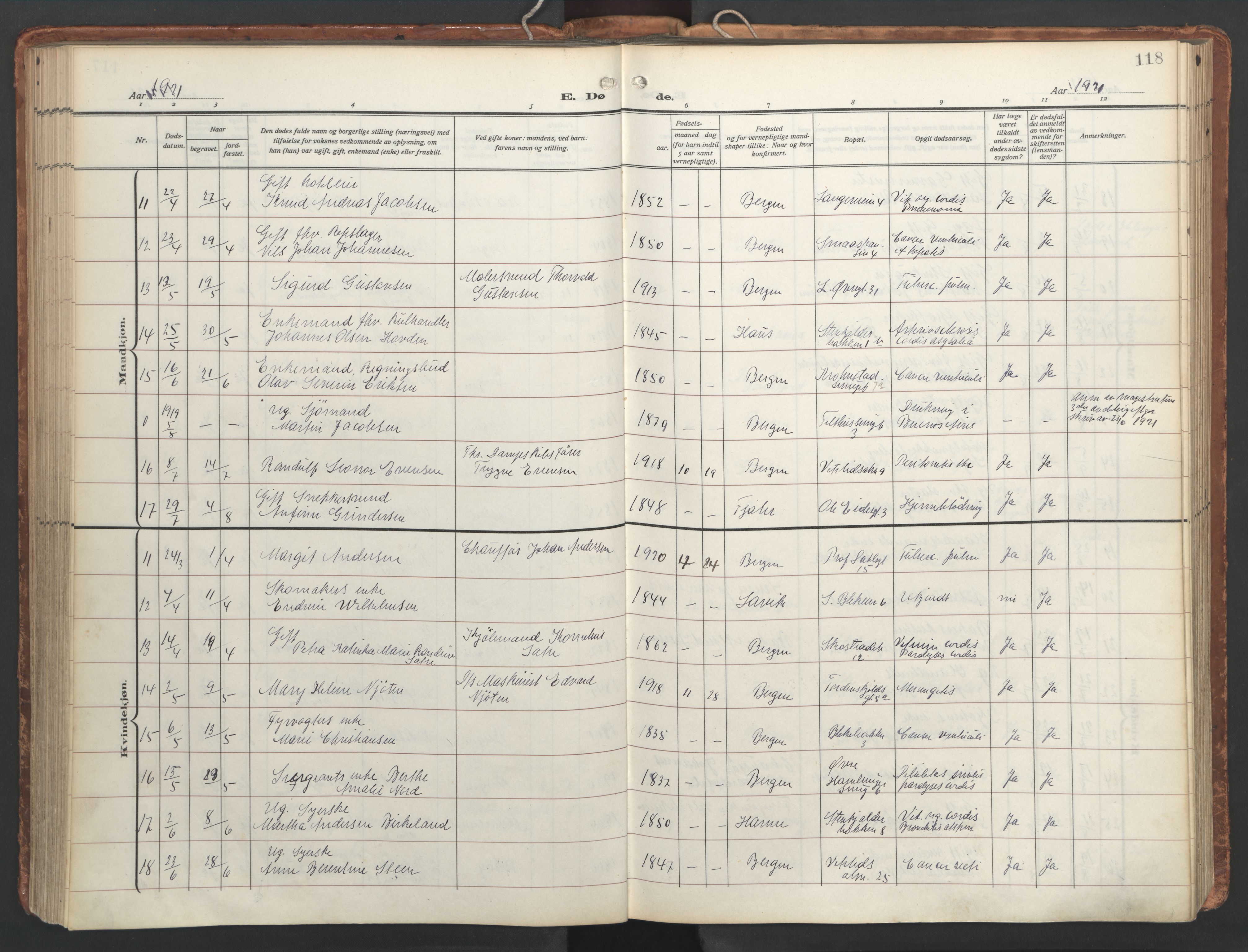 Korskirken sokneprestembete, AV/SAB-A-76101/H/Hab: Parish register (copy) no. E 5, 1910-1956, p. 117b-118a