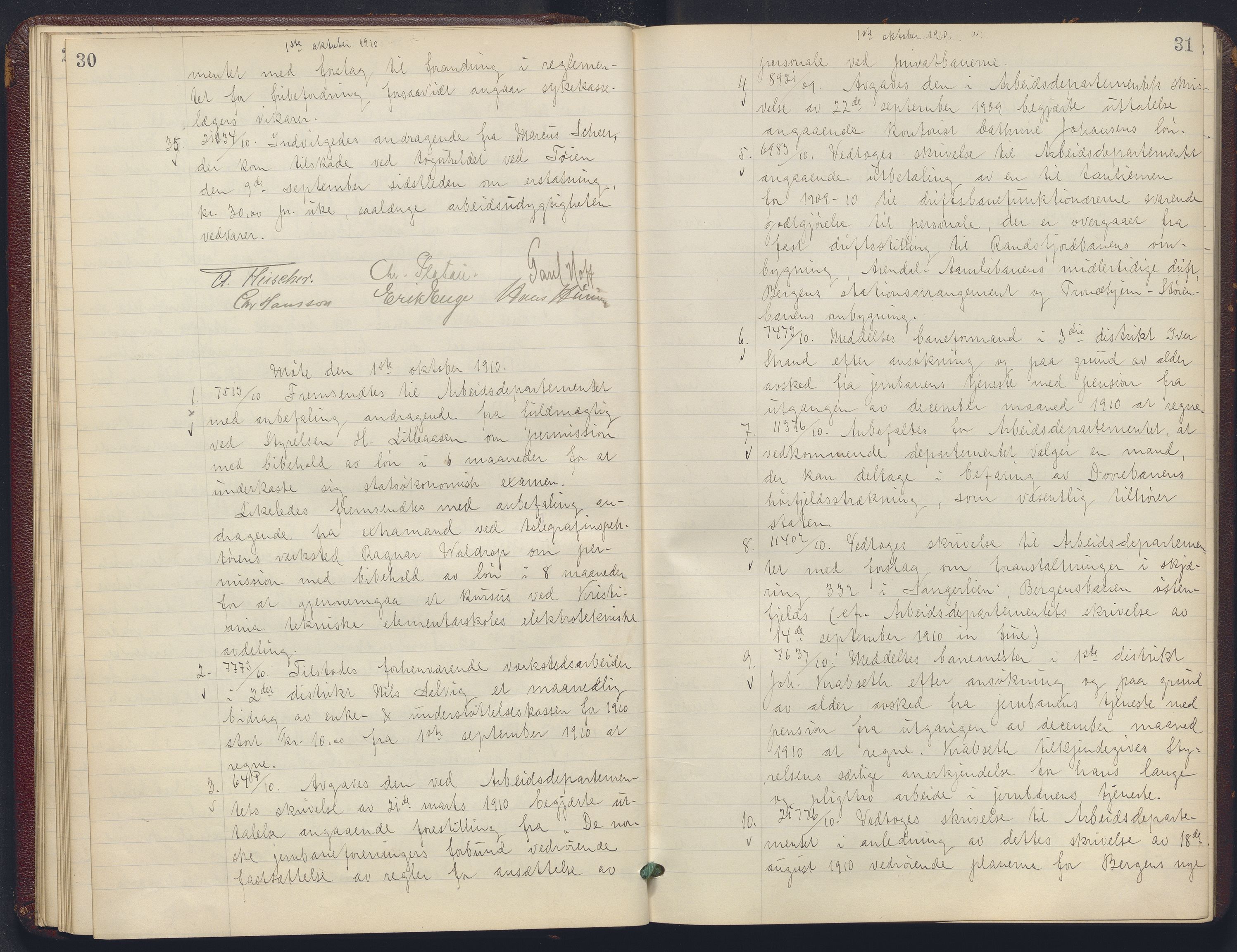 Norges statsbaner, Administrasjons- økonomi- og personalavdelingen, AV/RA-S-3412/A/Aa/L0011: Forhandlingsprotokoll, 1910-1911, p. 30-31