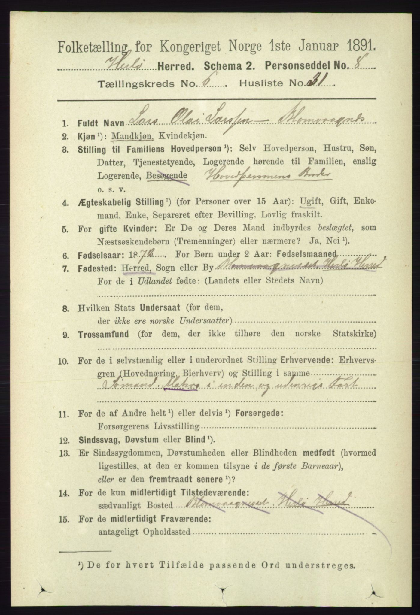 RA, 1891 census for 1258 Herdla, 1891, p. 2842