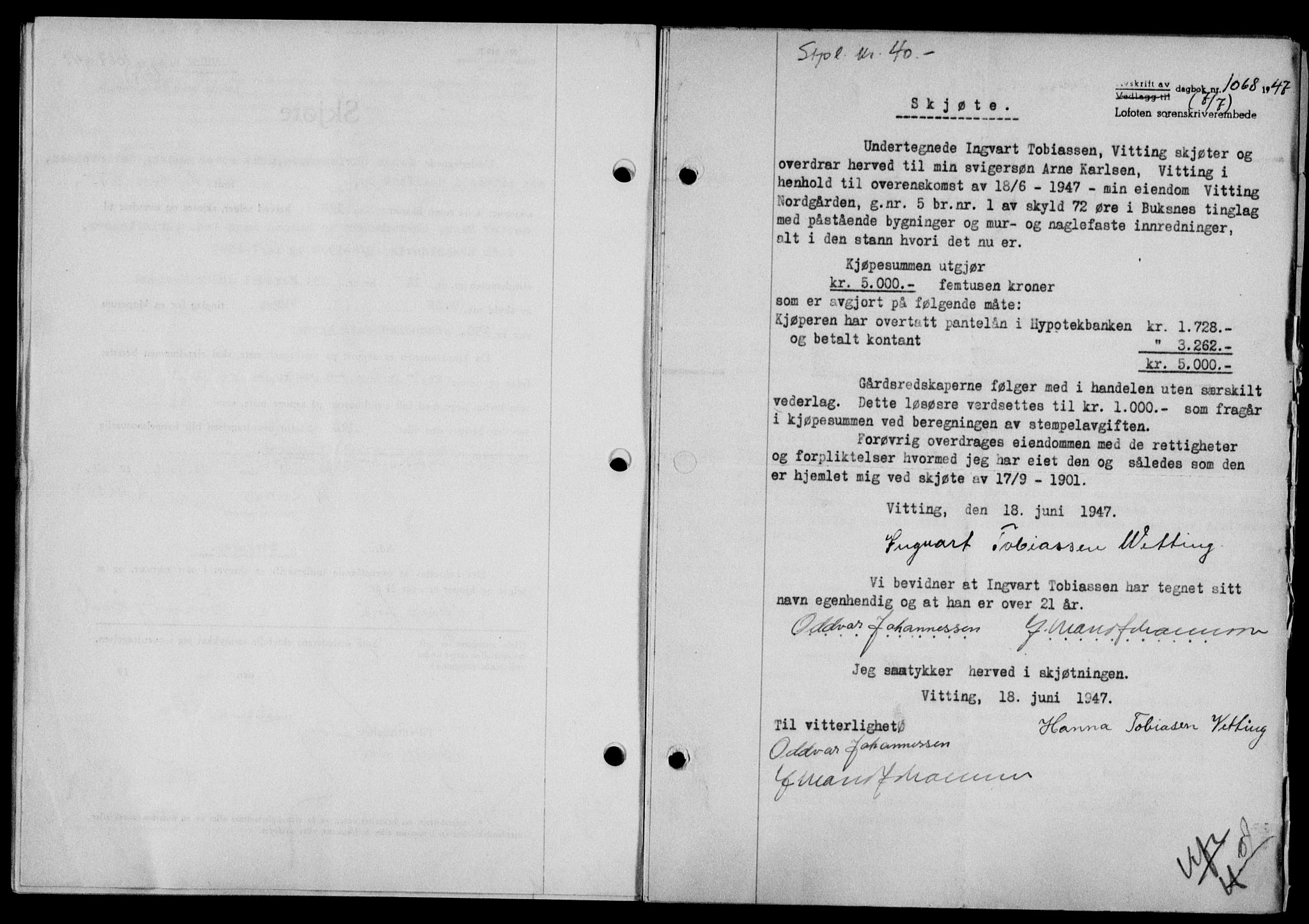 Lofoten sorenskriveri, SAT/A-0017/1/2/2C/L0016a: Mortgage book no. 16a, 1947-1947, Diary no: : 1068/1947