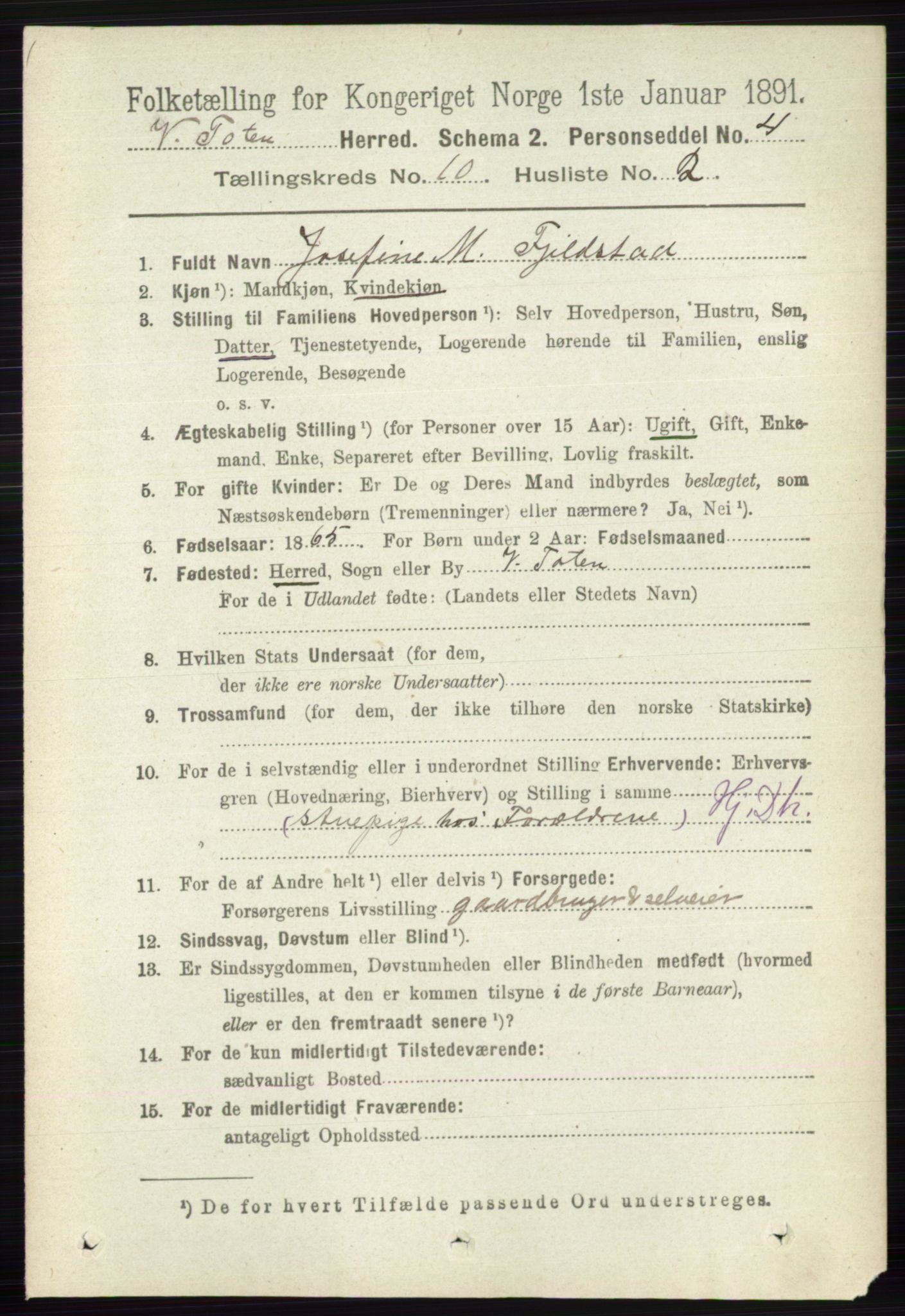 RA, 1891 census for 0529 Vestre Toten, 1891, p. 6191