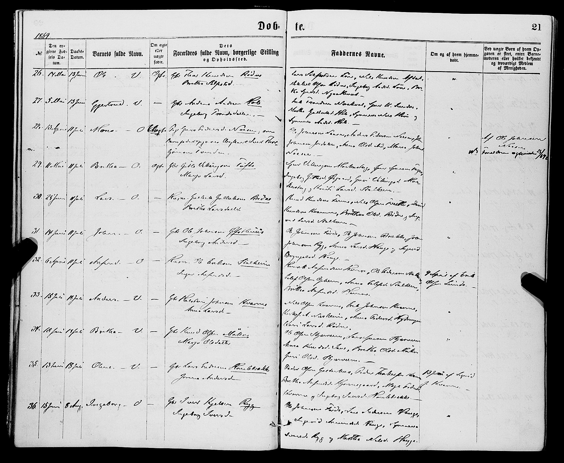 Vossestrand Sokneprestembete, AV/SAB-A-79101/H/Haa: Parish register (official) no. A 1, 1866-1877, p. 21