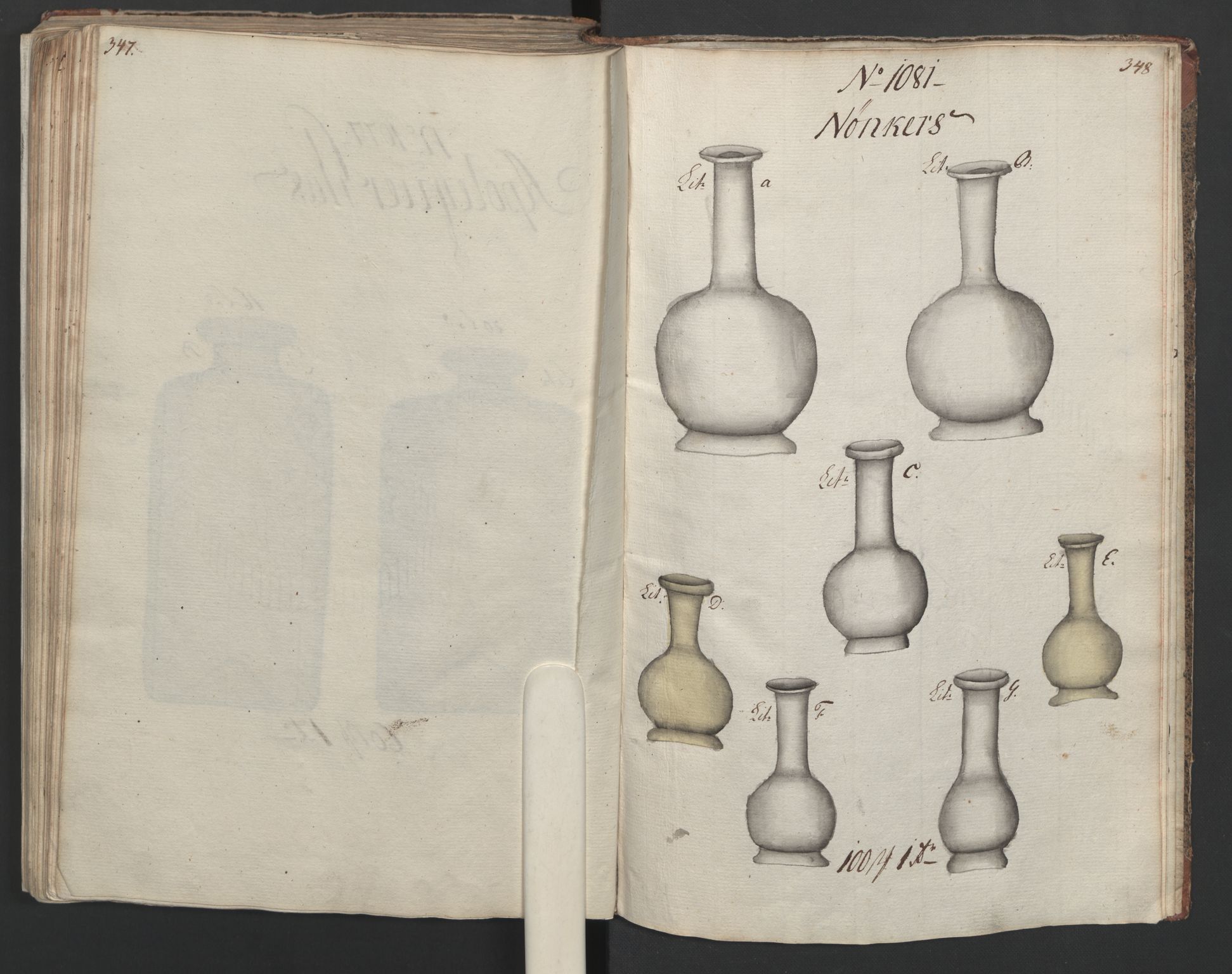 Glassverk, samlinger, AV/RA-PA-0001/F/Fa/L0036: Modellbok for Nøstetangens og Aas' produkter med prisangivelse,, 1763, p. 347-348