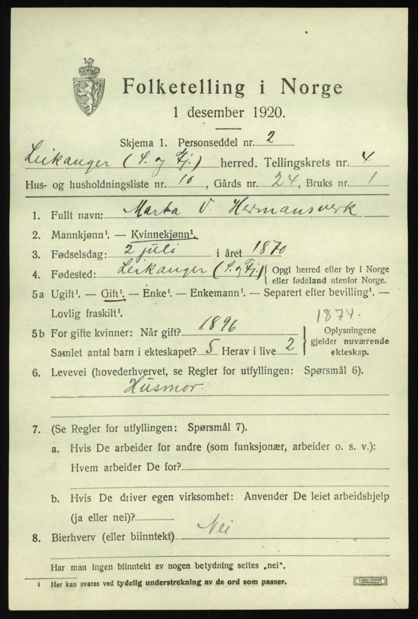 SAB, 1920 census for Leikanger, 1920, p. 2936