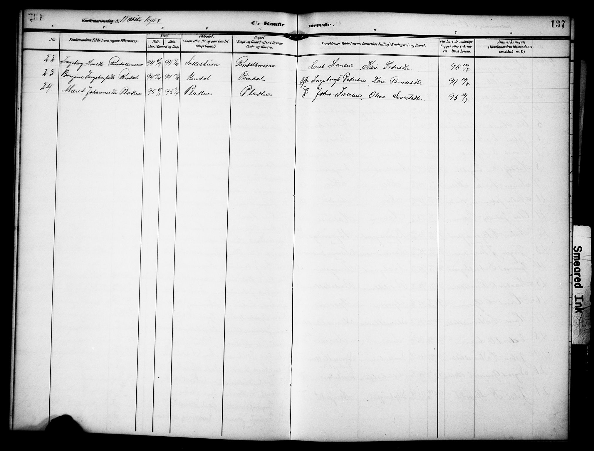 Dovre prestekontor, SAH/PREST-066/H/Ha/Hab/L0003: Parish register (copy) no. 3, 1907-1929, p. 137