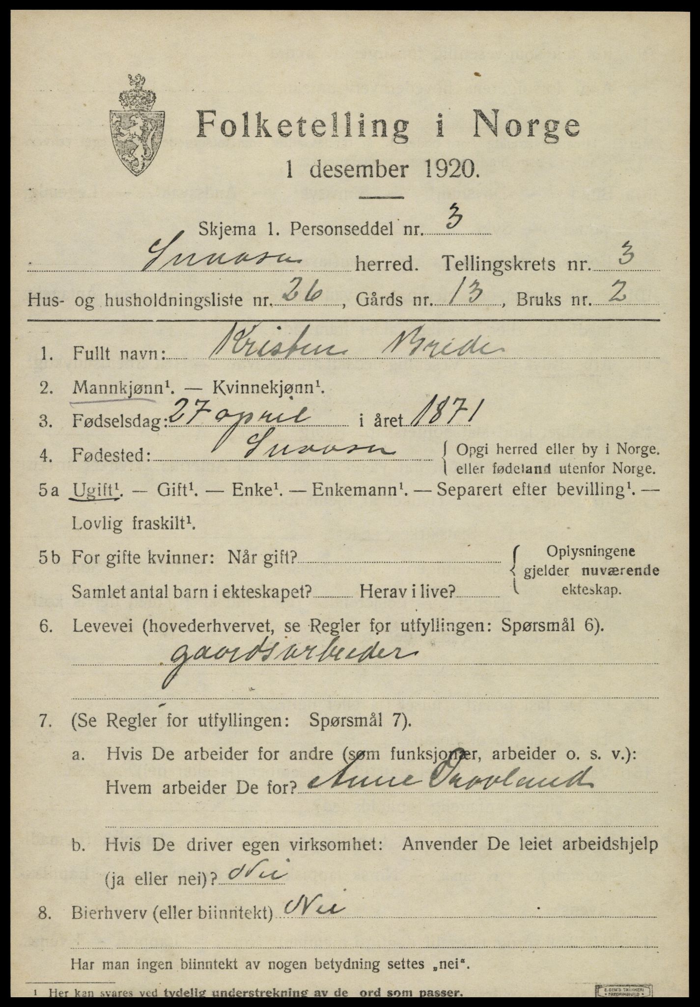 SAT, 1920 census for Snåsa, 1920, p. 1822