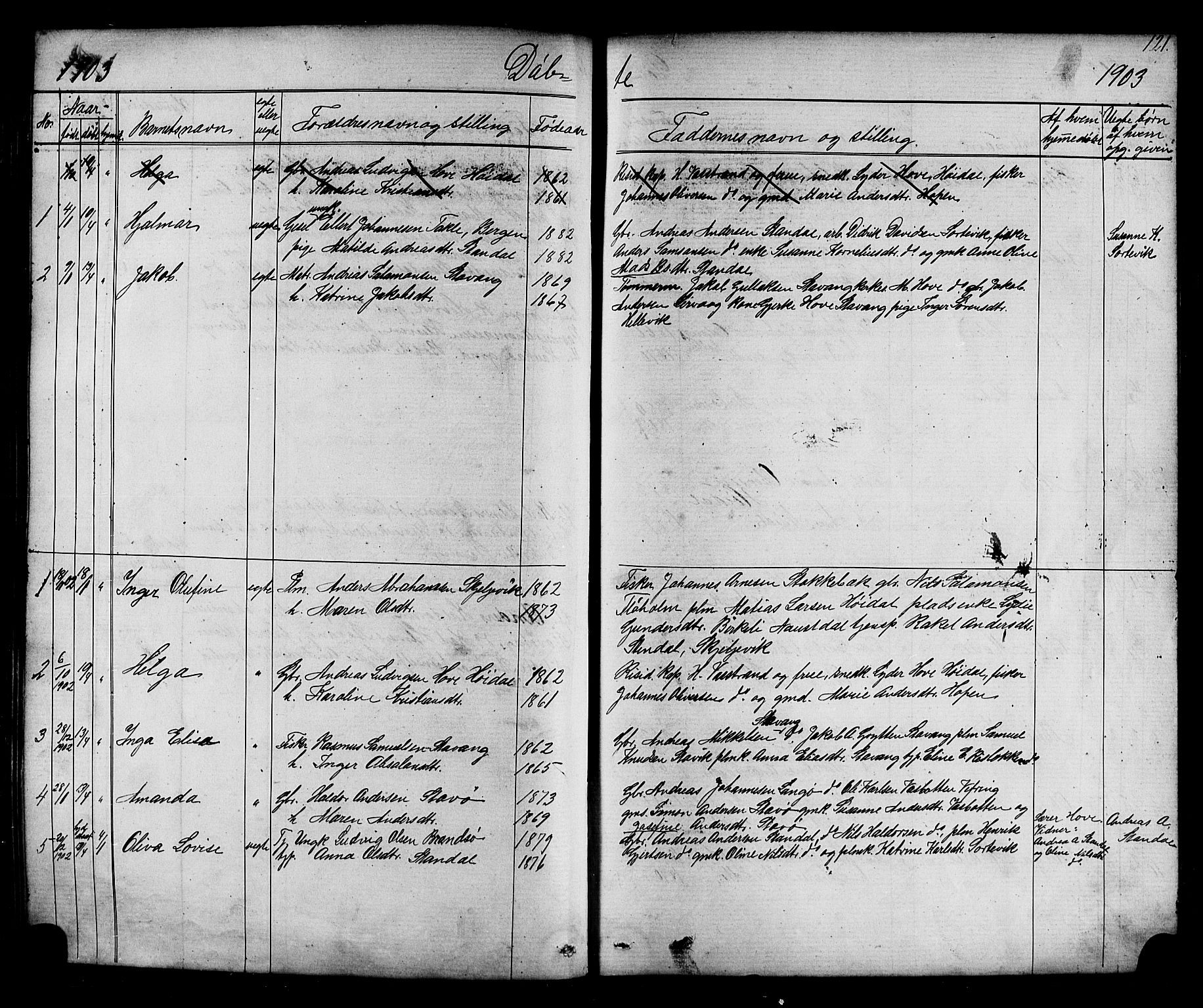 Kinn sokneprestembete, SAB/A-80801/H/Hab/Habc/L0002: Parish register (copy) no. C 2, 1869-1918, p. 121