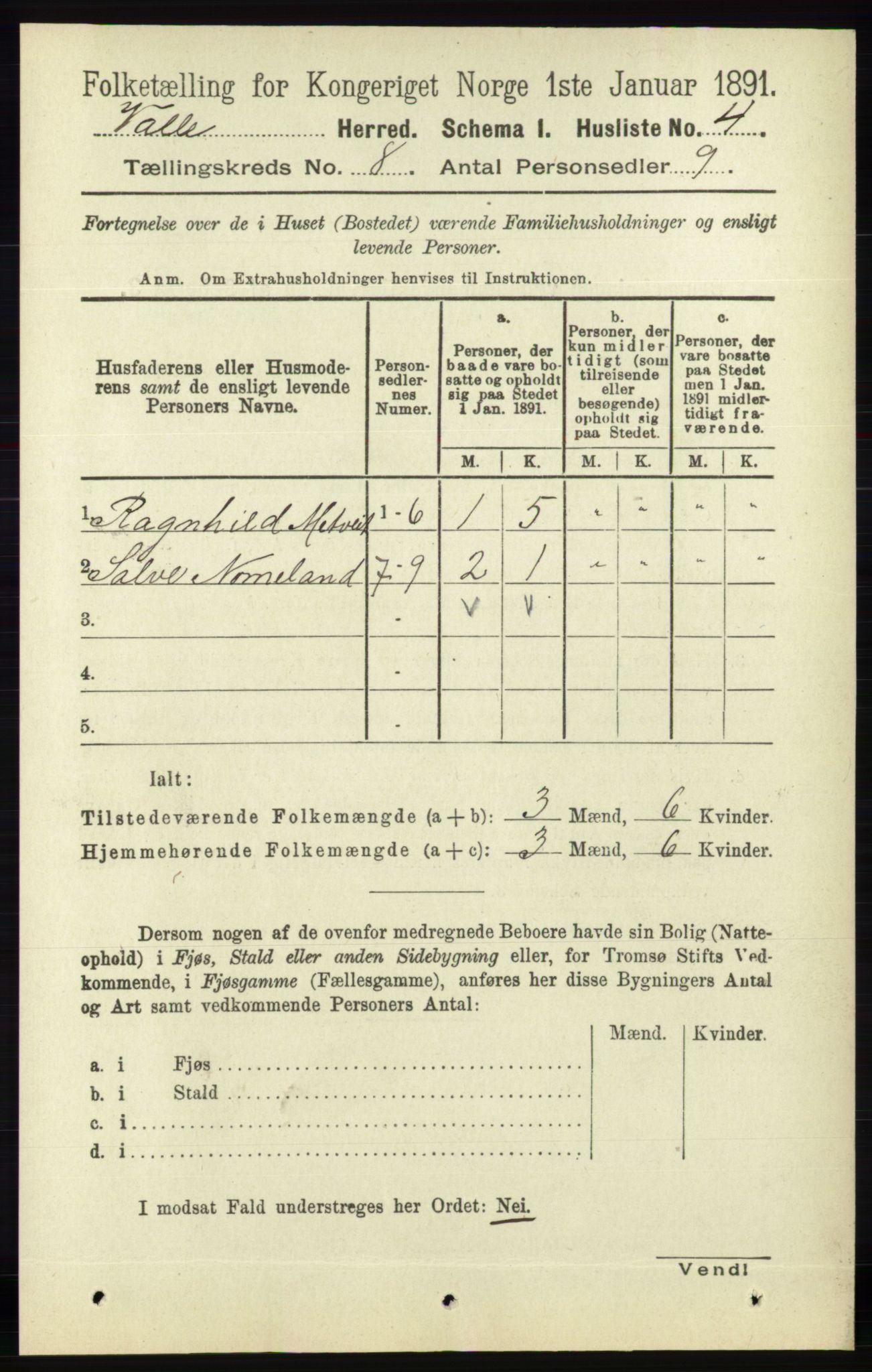 RA, 1891 census for 0940 Valle, 1891, p. 2215