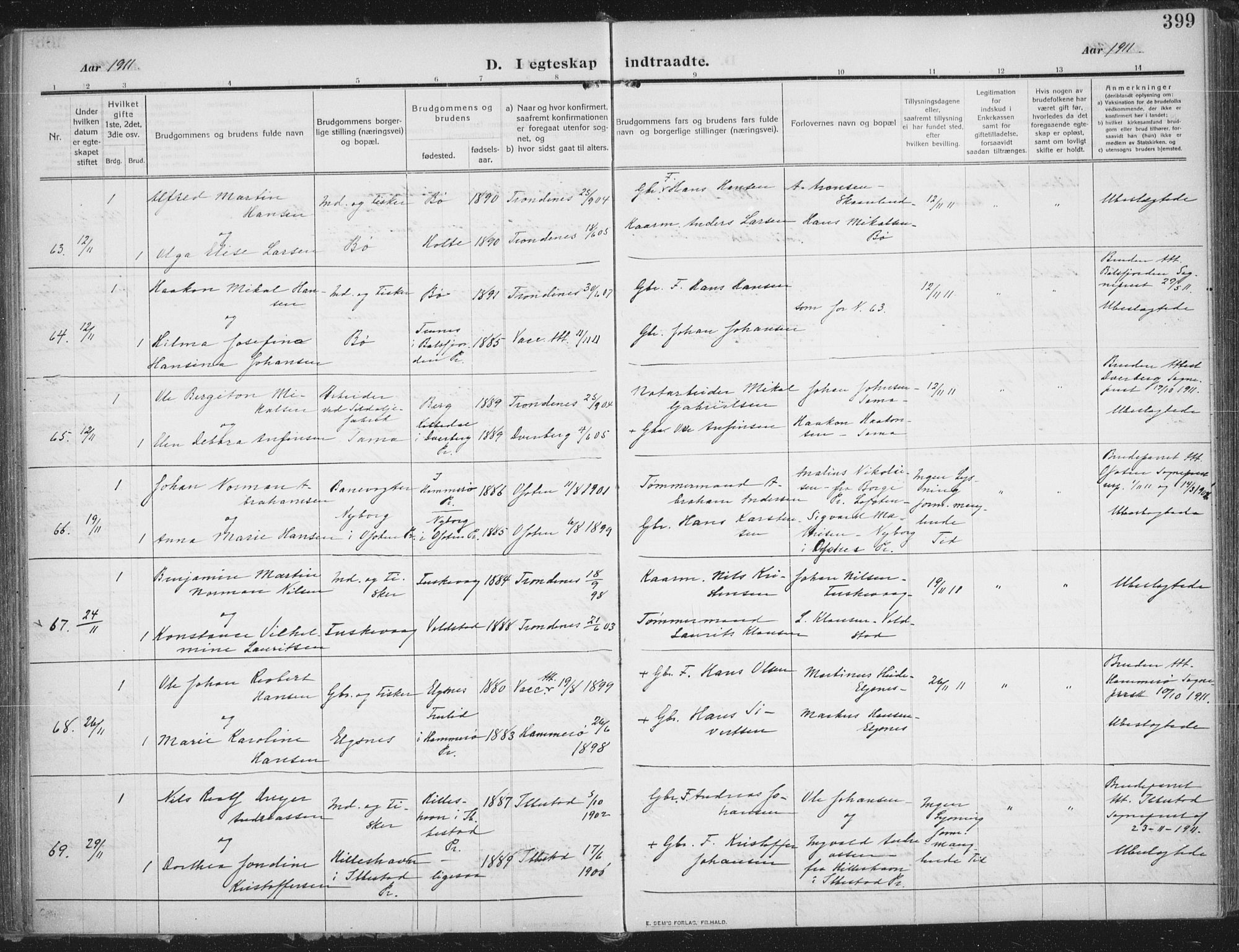 Trondenes sokneprestkontor, AV/SATØ-S-1319/H/Ha/L0018kirke: Parish register (official) no. 18, 1909-1918, p. 399