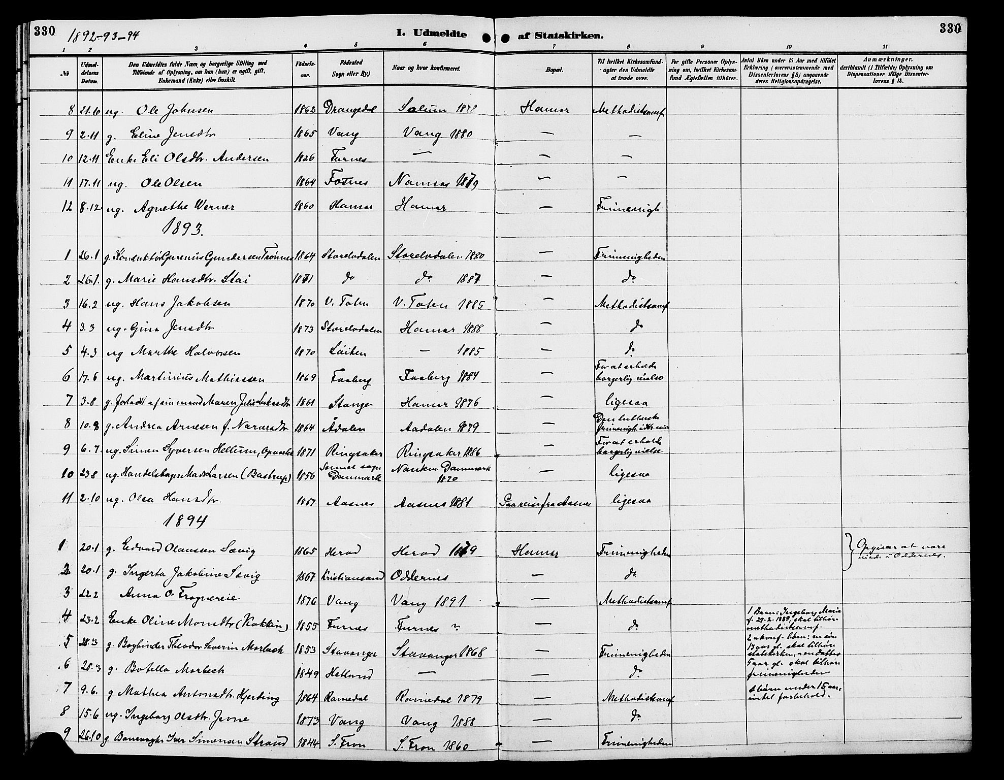 Vang prestekontor, Hedmark, SAH/PREST-008/H/Ha/Hab/L0013: Parish register (copy) no. 13, 1890-1899, p. 330