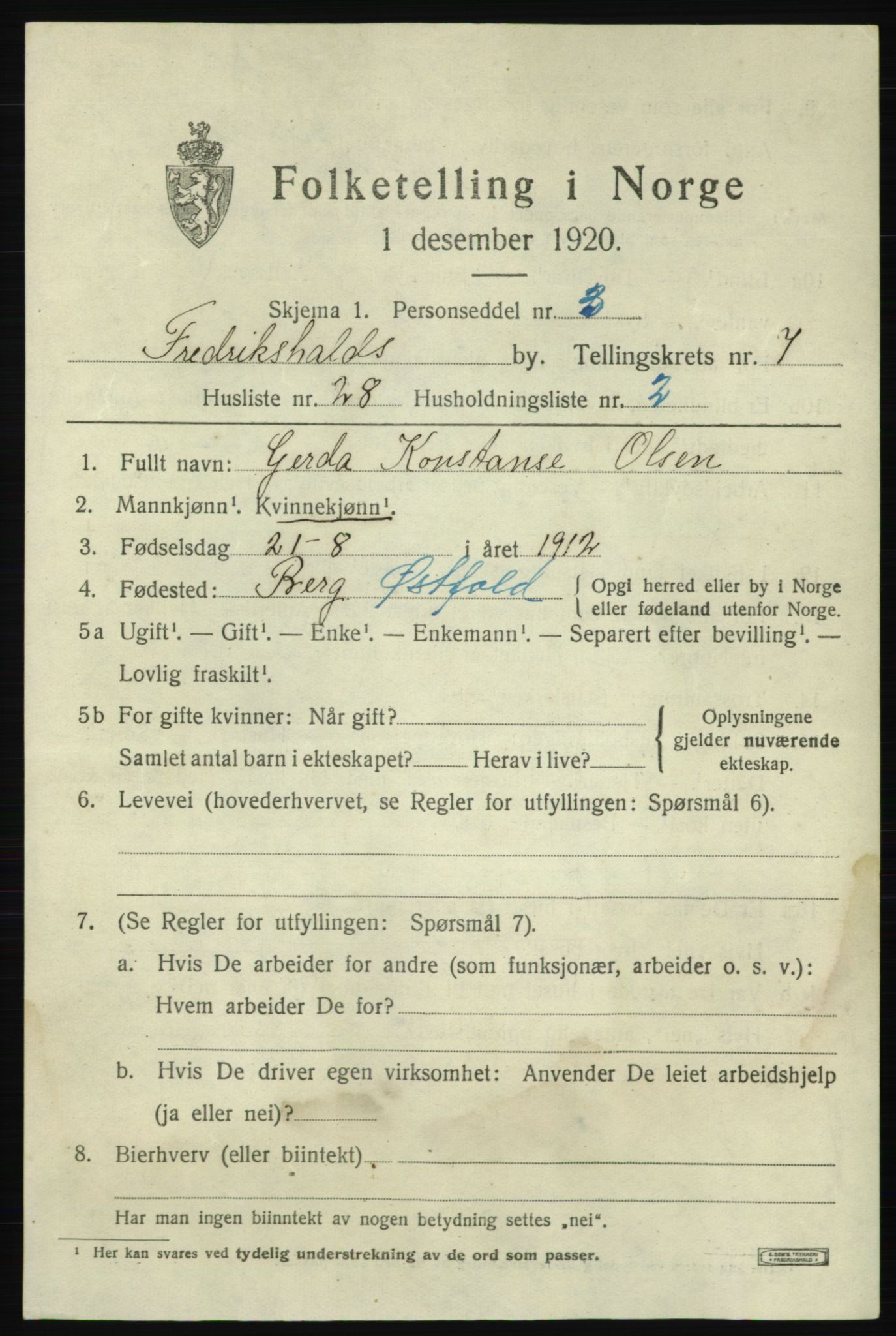 SAO, 1920 census for Fredrikshald, 1920, p. 14598