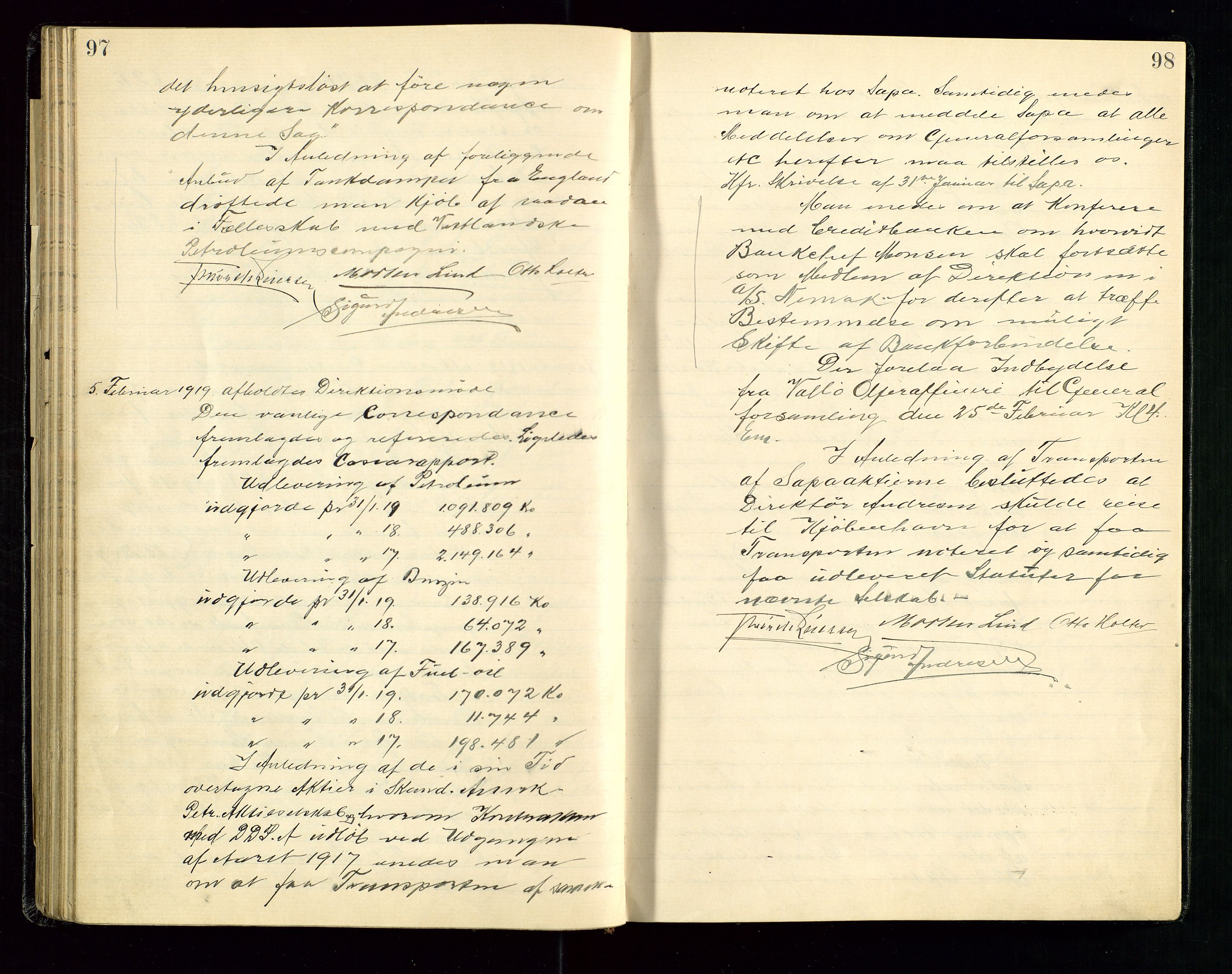 PA 1534 - Østlandske Petroleumscompagni A/S, AV/SAST-A-101954/A/Aa/L0003/0002: Direksjonsprotokoller / Direksjonsprotokoll, 1916-1922, p. 97-98