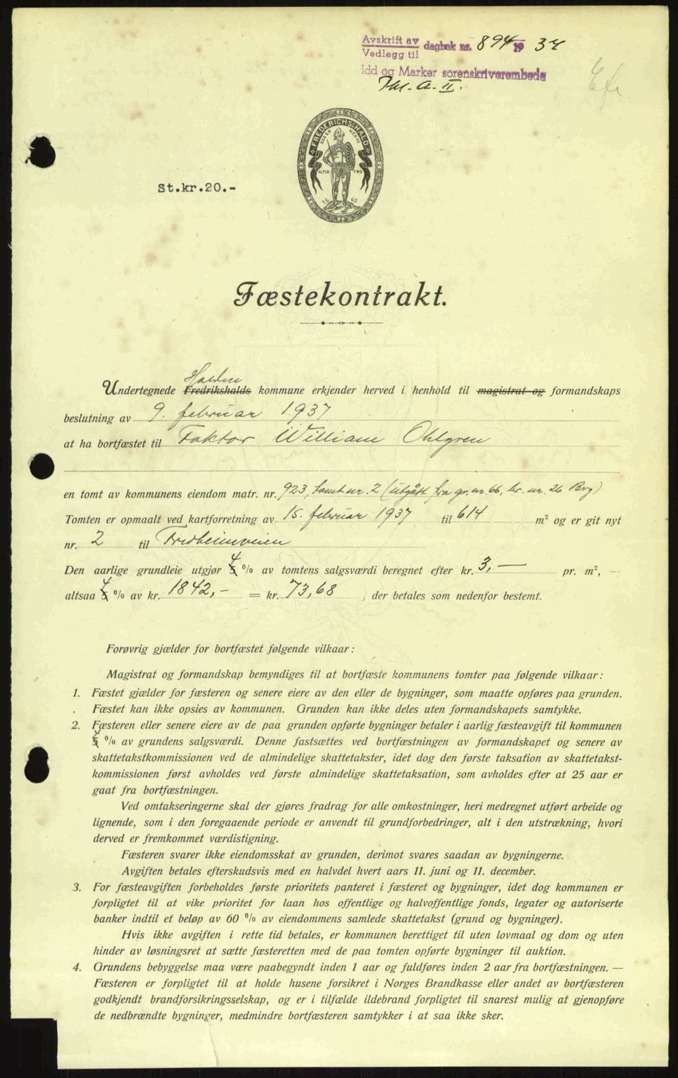 Idd og Marker sorenskriveri, AV/SAO-A-10283/G/Gb/Gbb/L0002: Mortgage book no. A2, 1937-1938, Diary no: : 894/1937