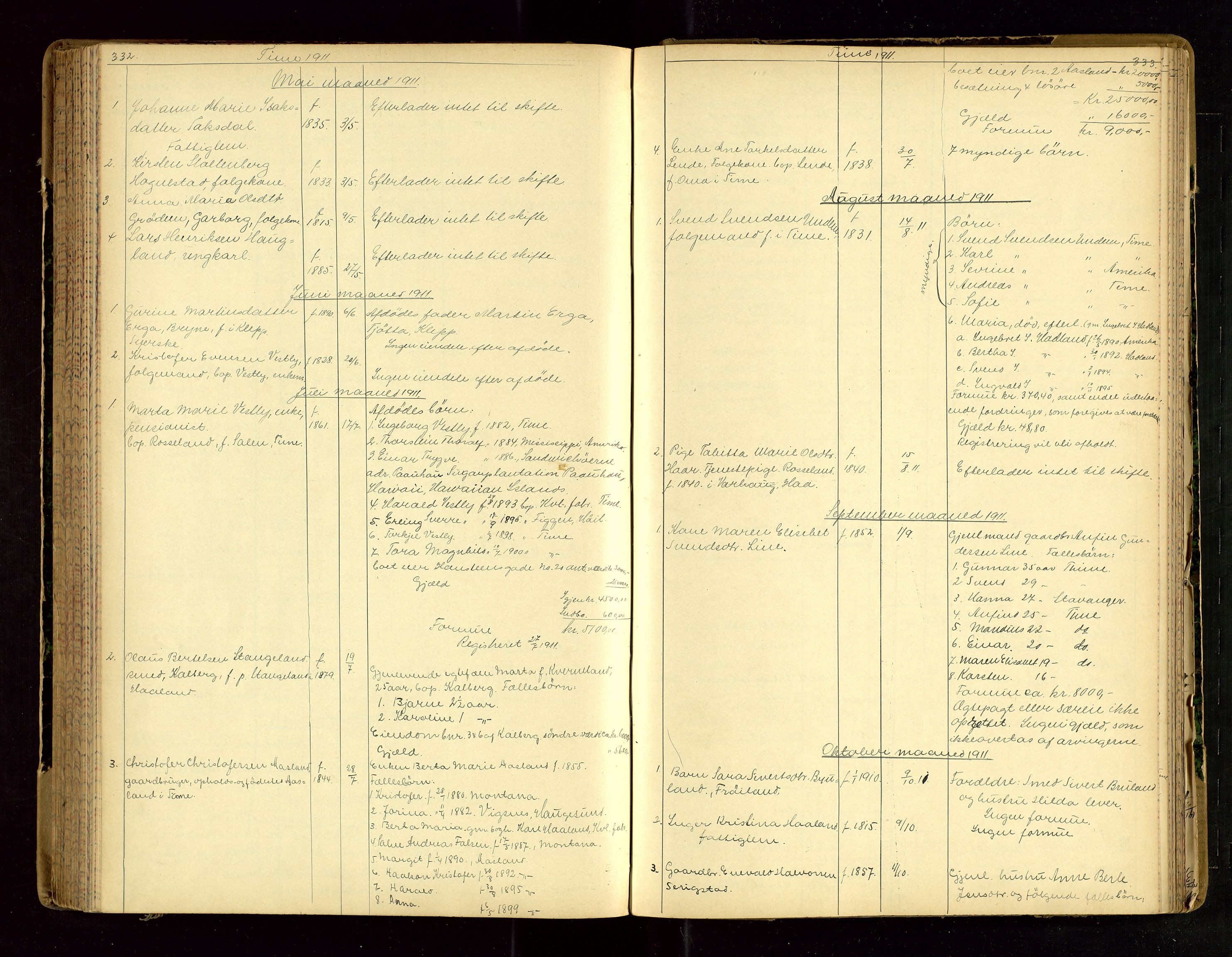 Jæren sorenskriveri, AV/SAST-A-100310/01/5/52/52B/L0003: DØDSFALLPROTOKOLL, 1910-1916, p. 332-333