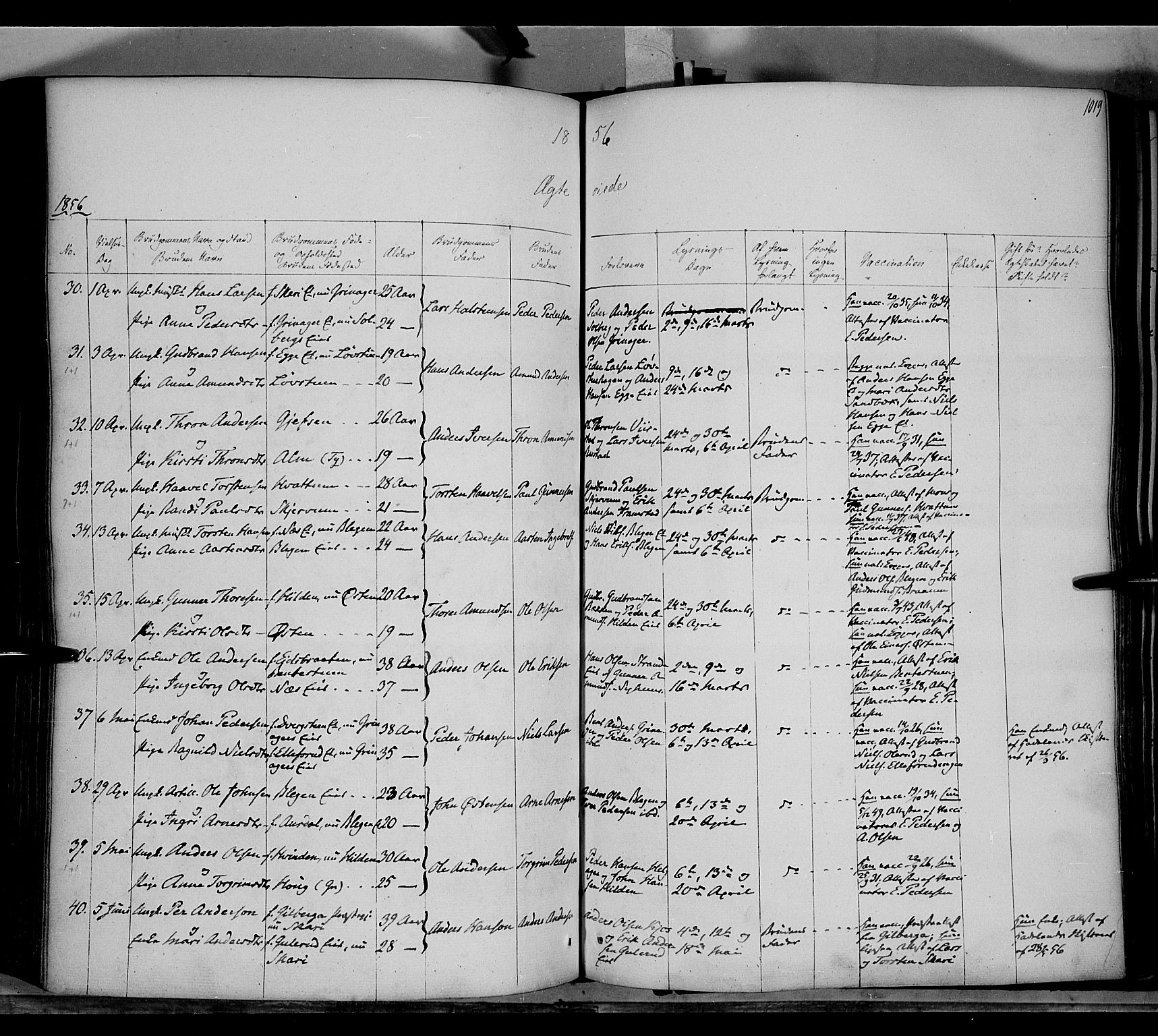 Gran prestekontor, AV/SAH-PREST-112/H/Ha/Haa/L0011: Parish register (official) no. 11, 1842-1856, p. 1018-1019