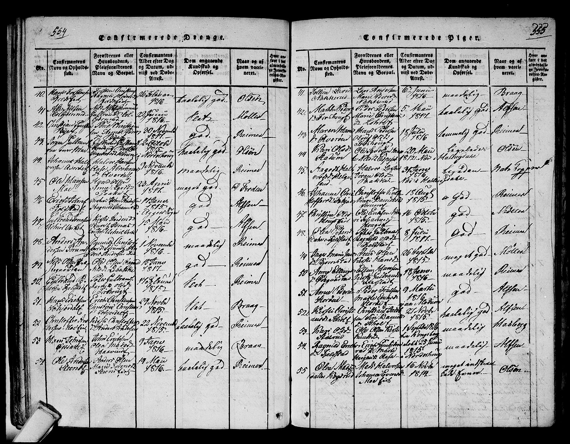Hole kirkebøker, AV/SAKO-A-228/F/Fa/L0004: Parish register (official) no. I 4, 1814-1833, p. 554-555