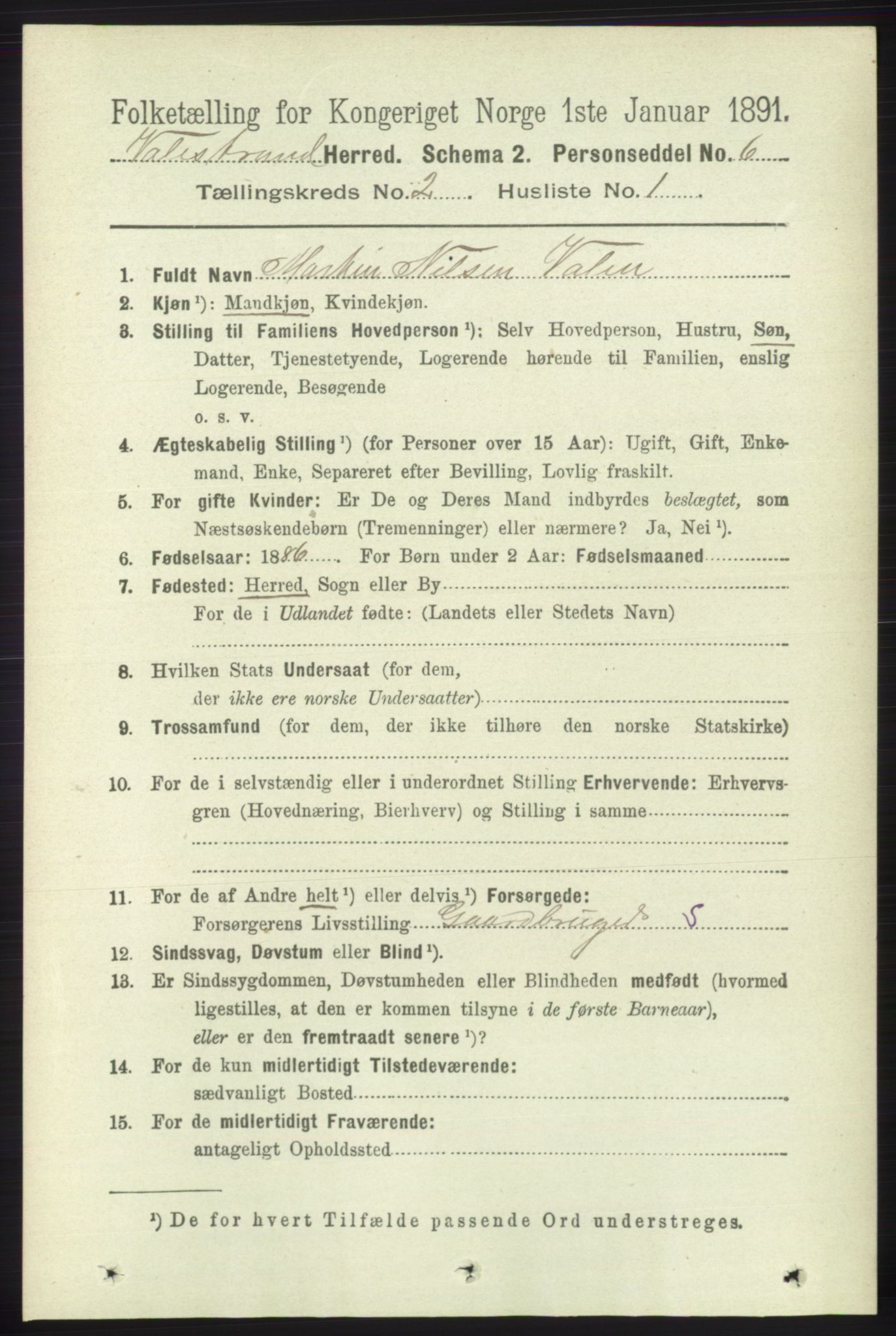 RA, 1891 census for 1217 Valestrand, 1891, p. 302