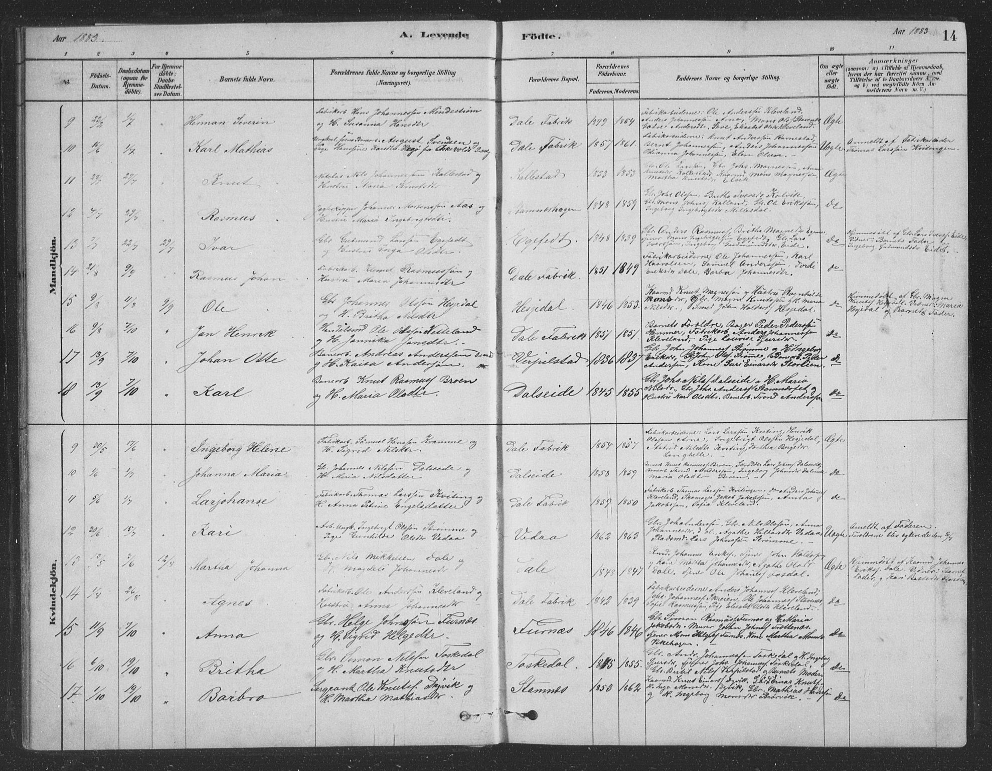 Vaksdal Sokneprestembete, AV/SAB-A-78901/H/Hab: Parish register (copy) no. D 1, 1878-1939, p. 14