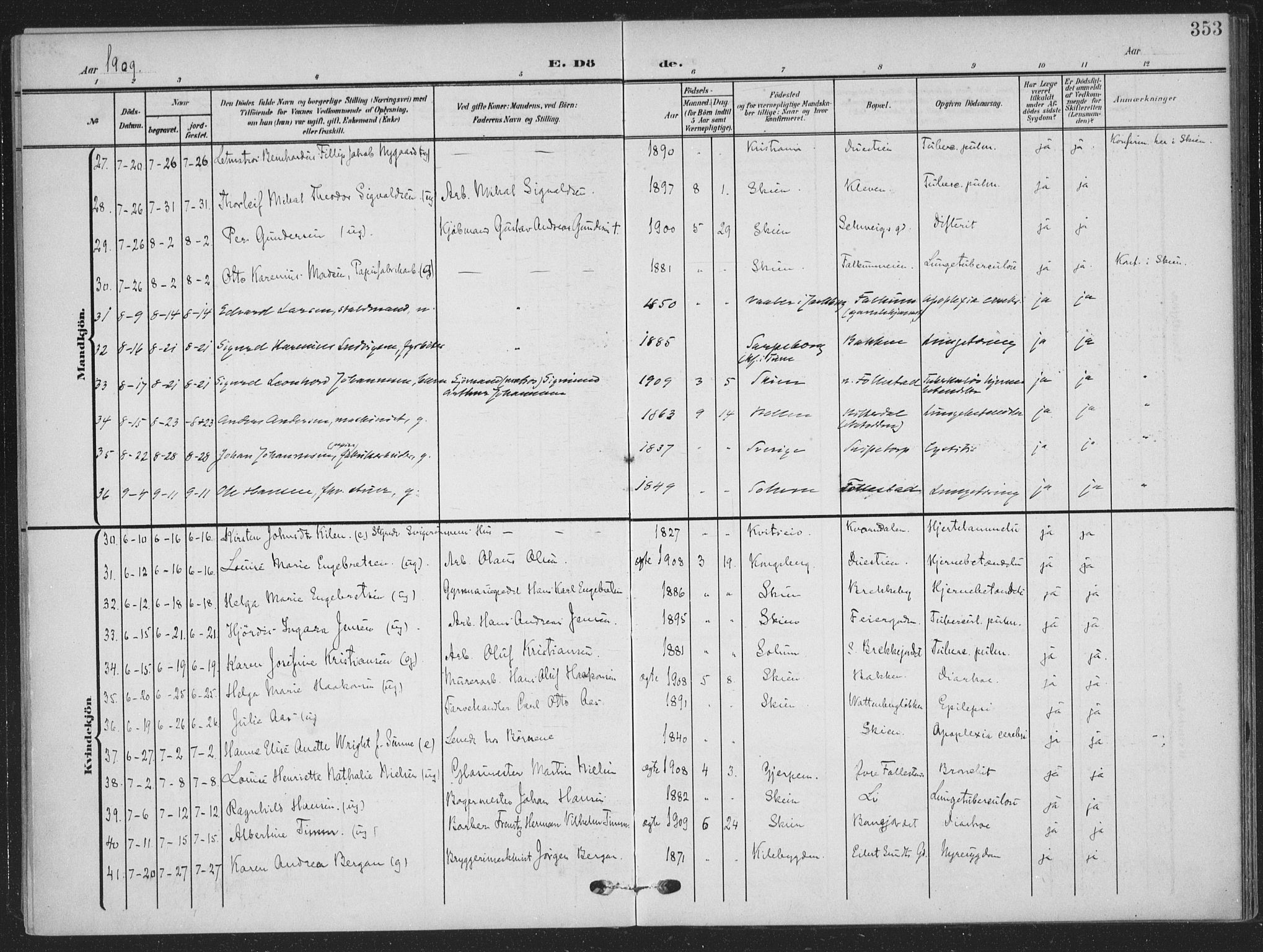 Skien kirkebøker, AV/SAKO-A-302/F/Fa/L0012: Parish register (official) no. 12, 1908-1914, p. 353