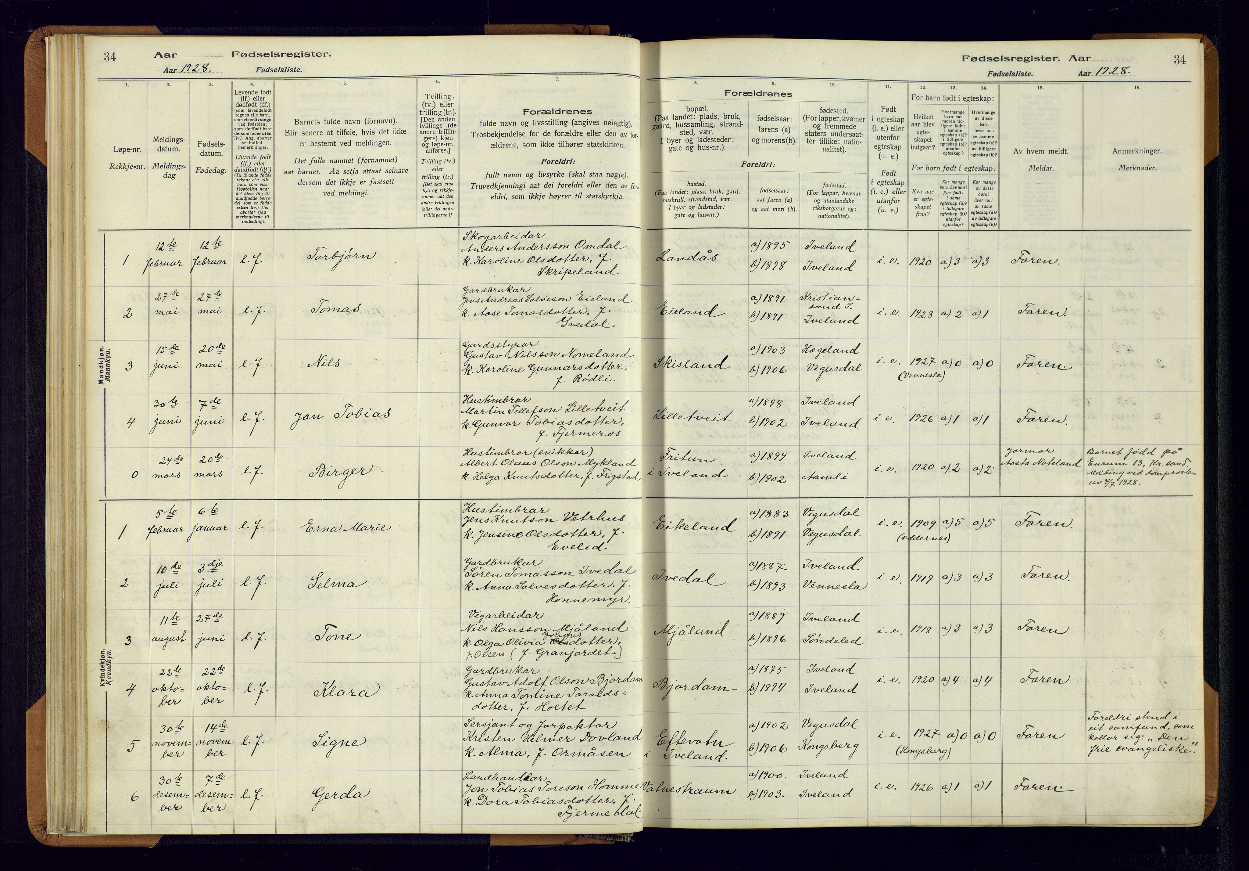 Evje sokneprestkontor, AV/SAK-1111-0008/J/Jc/L0003: Birth register no. II.4.3, 1916-1982, p. 34