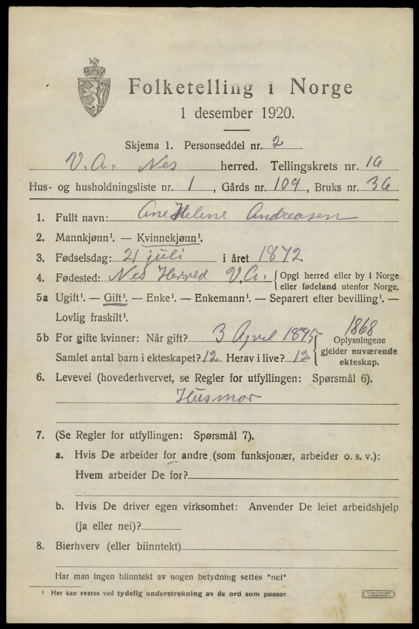 SAK, 1920 census for Nes (V-A), 1920, p. 5742