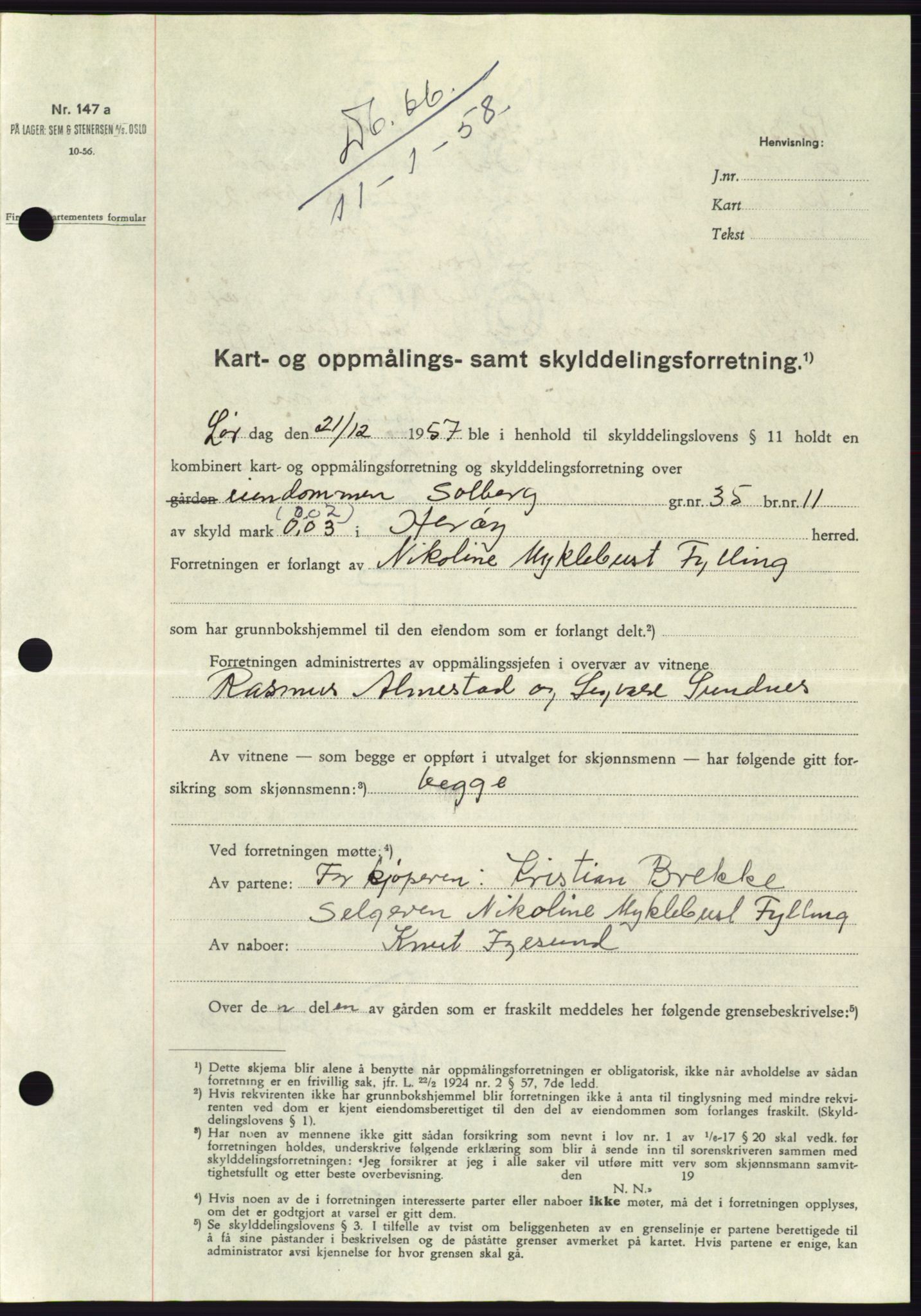 Søre Sunnmøre sorenskriveri, AV/SAT-A-4122/1/2/2C/L0108: Mortgage book no. 34A, 1957-1958, Diary no: : 66/1958