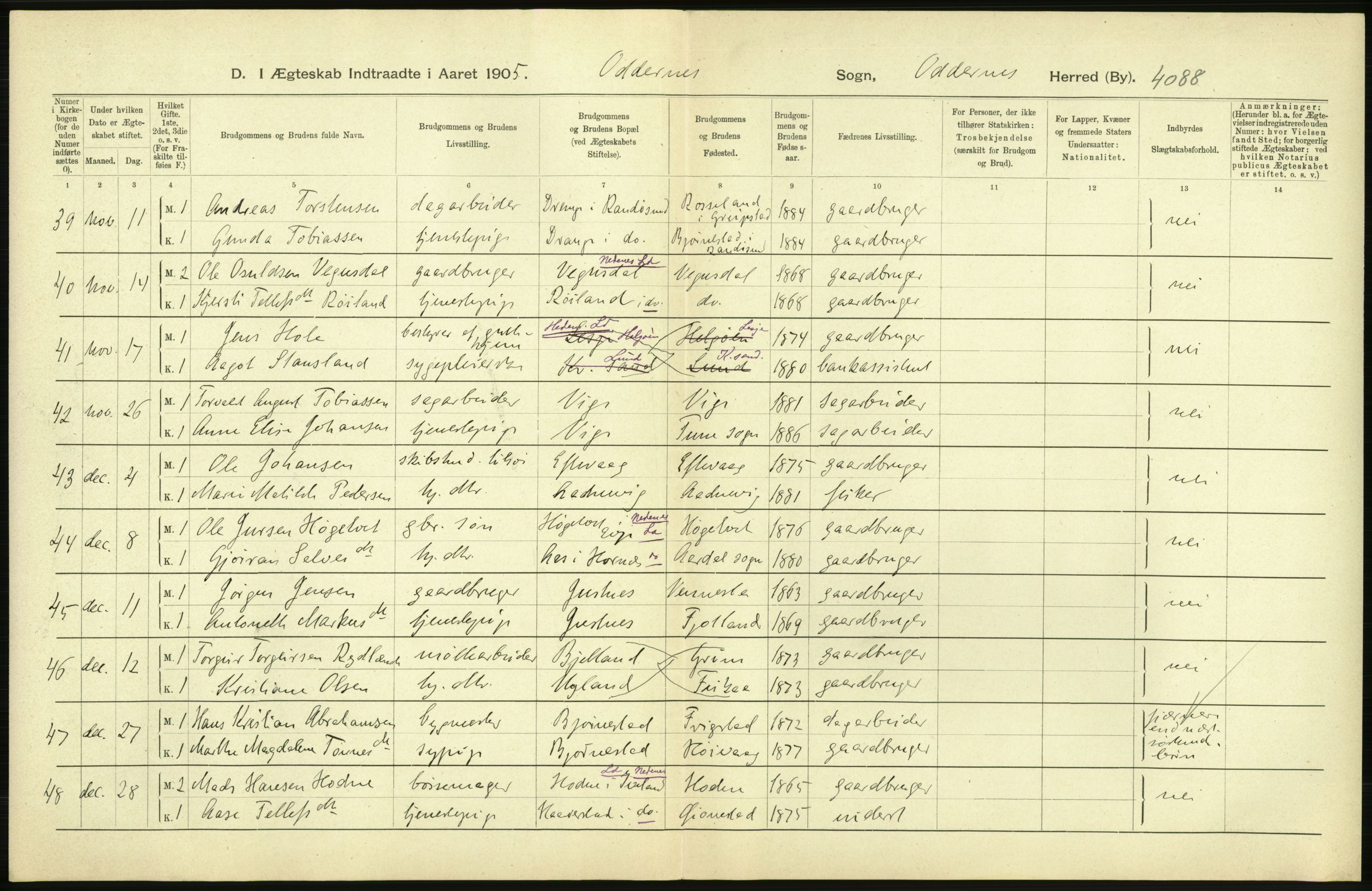 Statistisk sentralbyrå, Sosiodemografiske emner, Befolkning, AV/RA-S-2228/D/Df/Dfa/Dfac/L0020: Lister og Mandals amt: Fødte. Bygder, 1905, p. 10