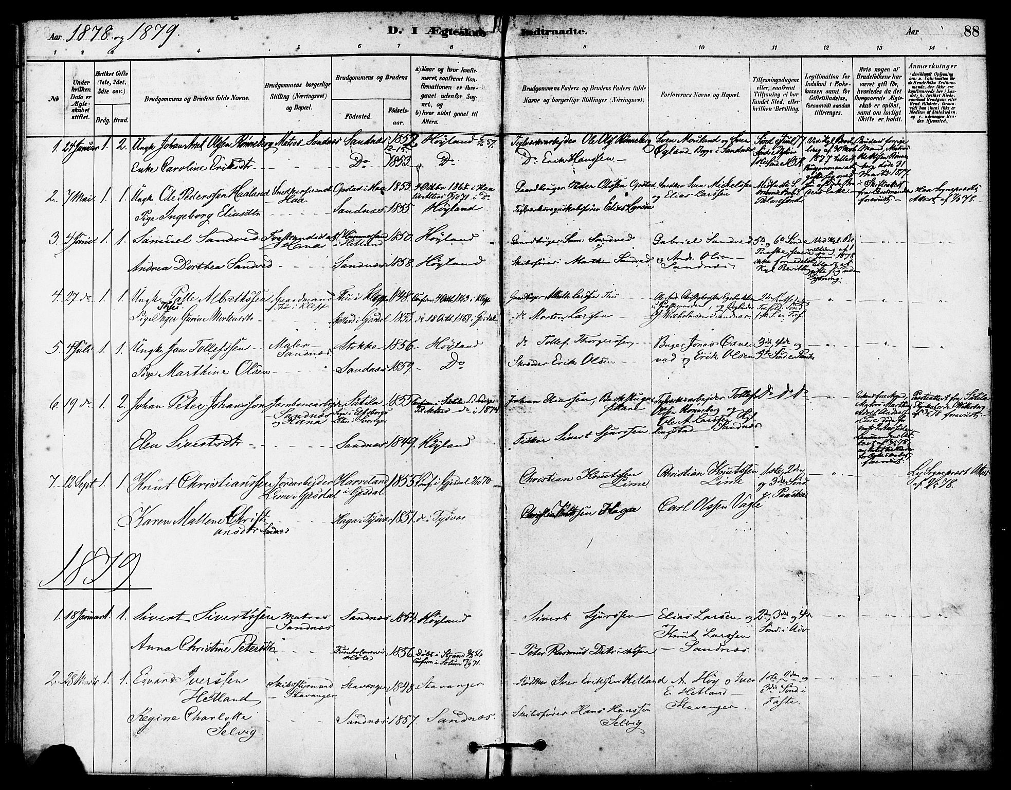 Høyland sokneprestkontor, AV/SAST-A-101799/001/30BA/L0012: Parish register (official) no. A 11, 1878-1889, p. 88