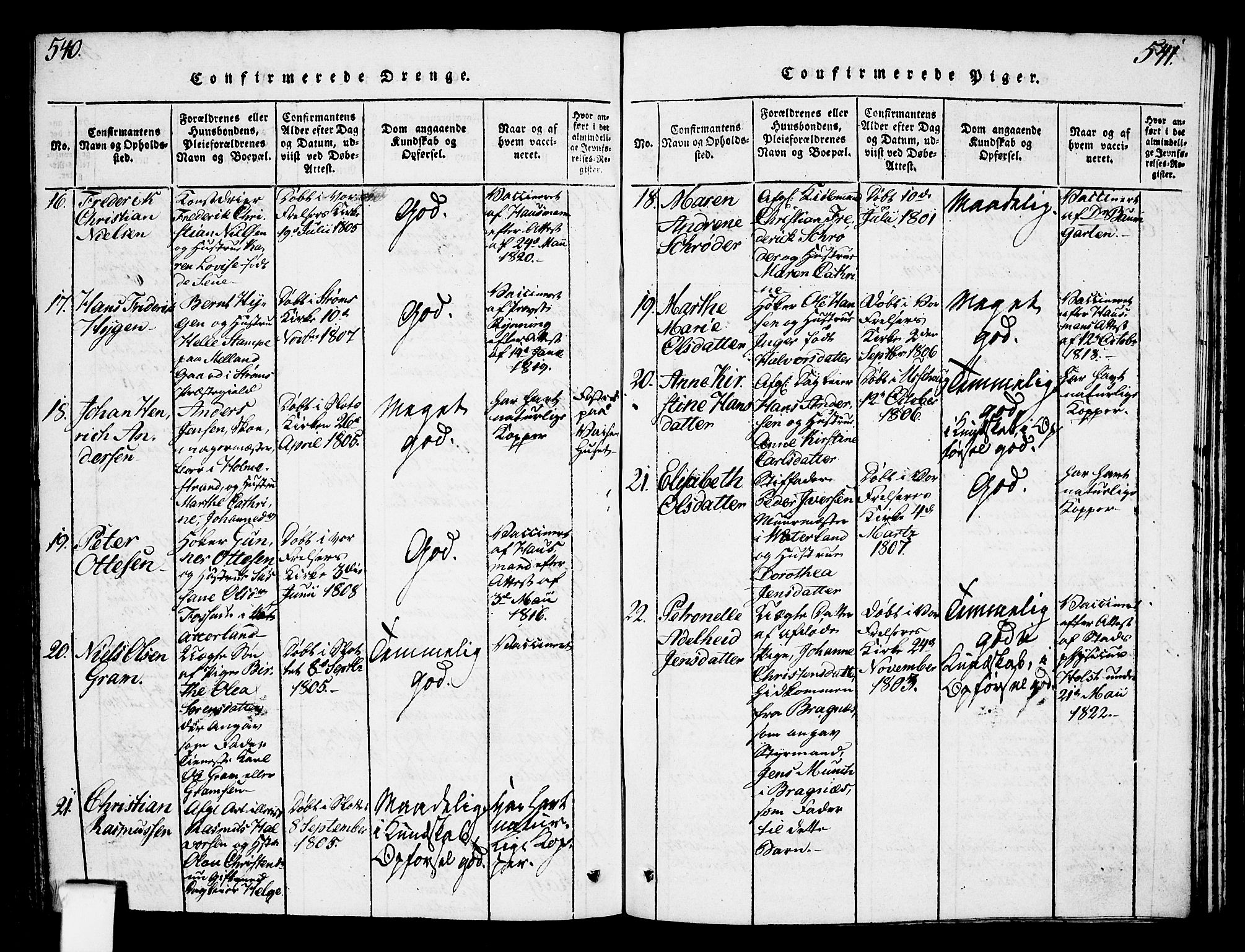 Oslo domkirke Kirkebøker, SAO/A-10752/F/Fa/L0007: Parish register (official) no. 7, 1817-1824, p. 540-541